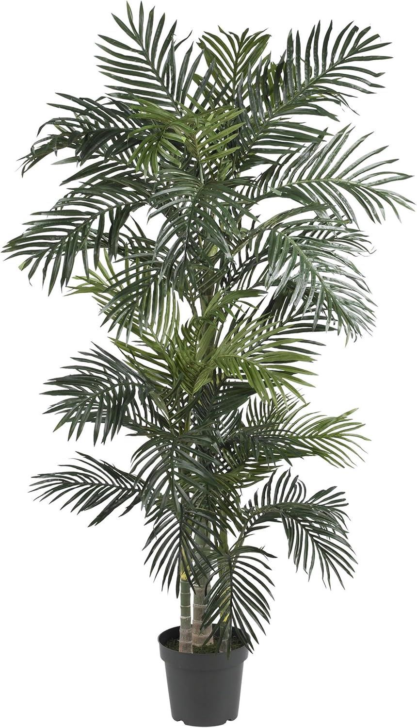 Nearly Natural 6.5 ft Artificial Golden Cane Palm Tree with Nursery Pot | Lifelike Silk Indoor Palm, Three Textured Trunks, Flexible Fronds, Low-Maintenance