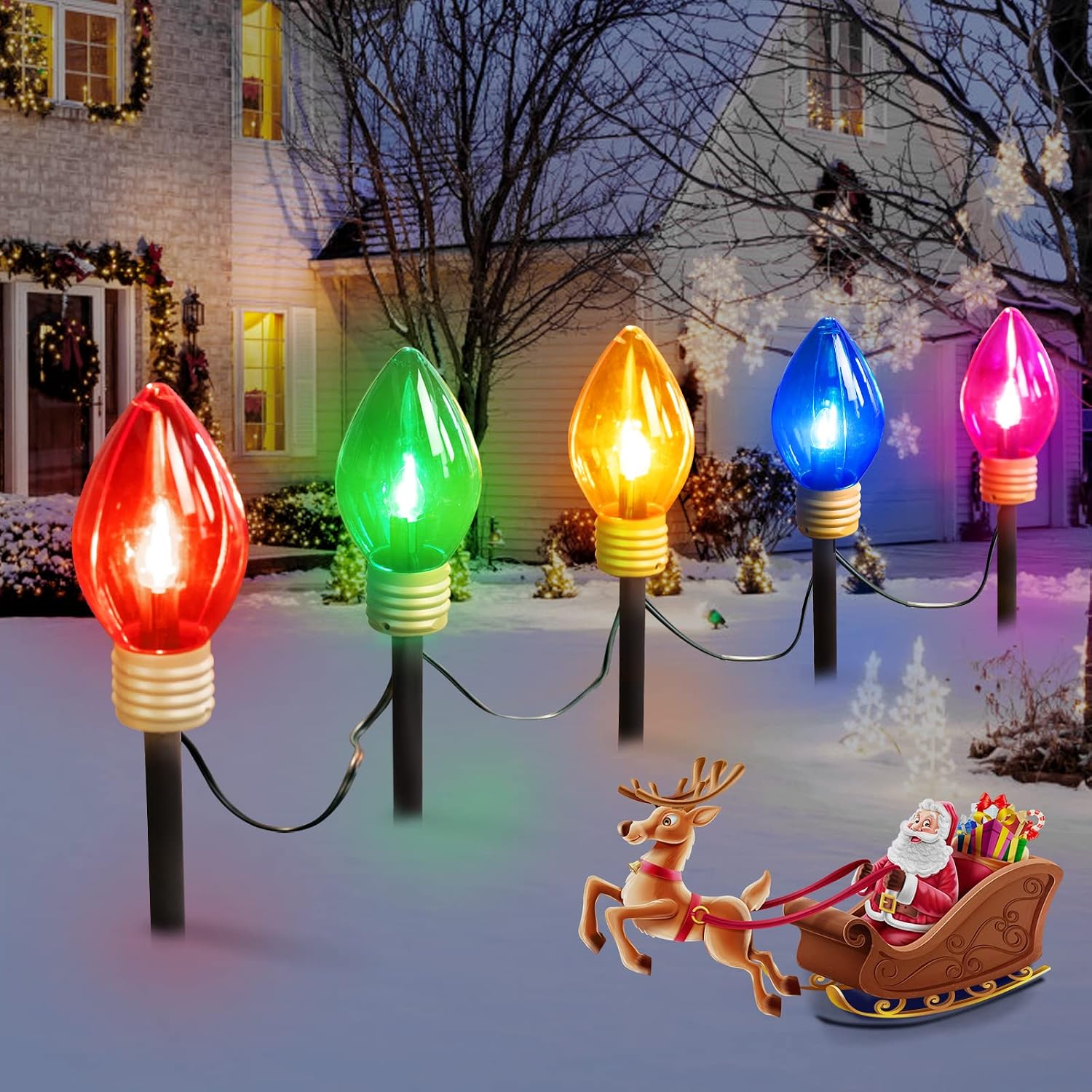 Jumbo C9 Christmas Pathway Lights Outdoor – 8.5 Feet 5 LED C9 Walkway Light | C7 Light Covered Jumbo Multicolor Bulb Christmas Lights Outdoor Decorations for Lawn Holiday Outside Yard Walkway, Multicolor