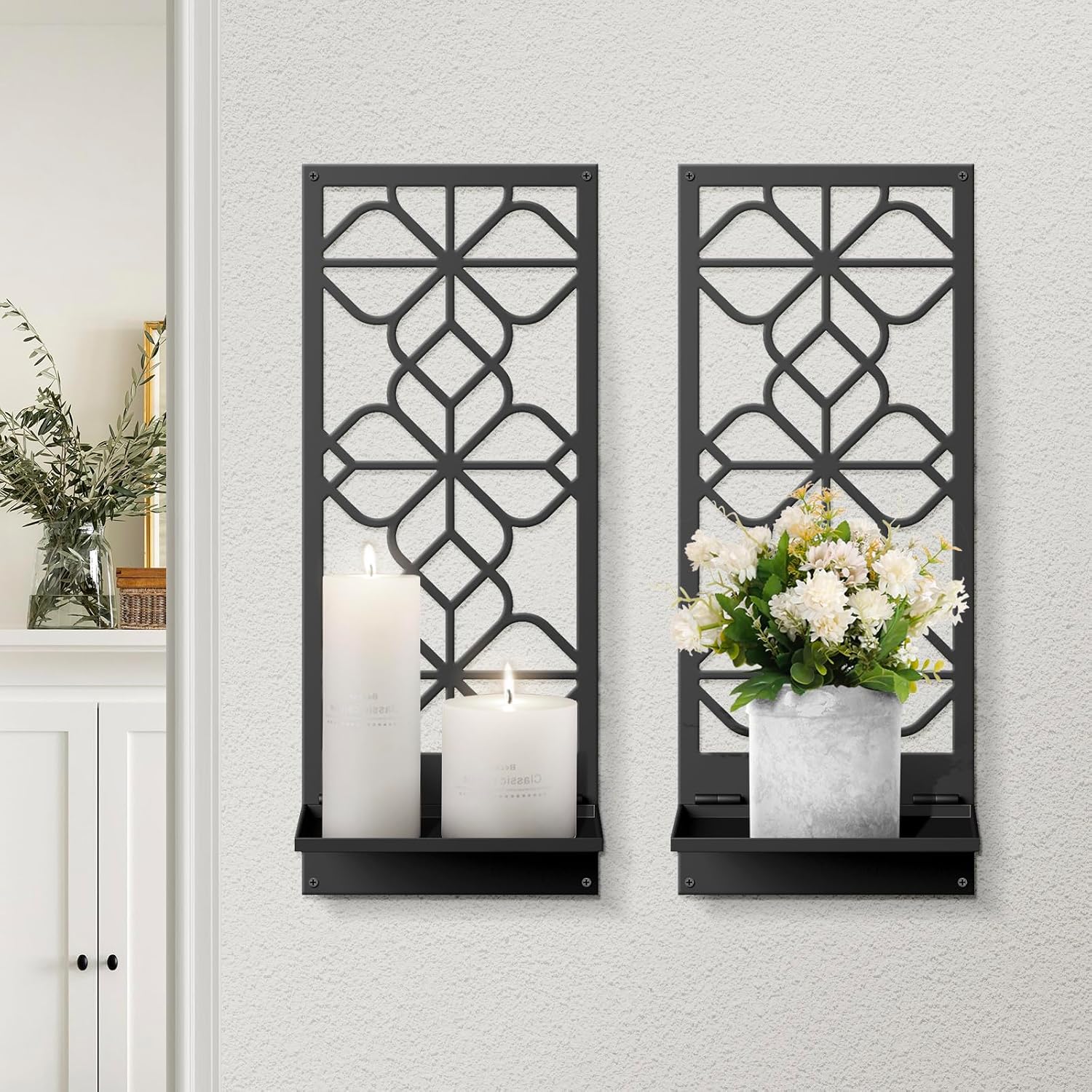 Black Wall Candle Holder Set of 2, Farmhouse Bathroom Metal Wall Decor | 3D Wall Candle Sconces, Rustic Vintage Wall Art for Bedroom, Living Room (16.5 x 7 in)