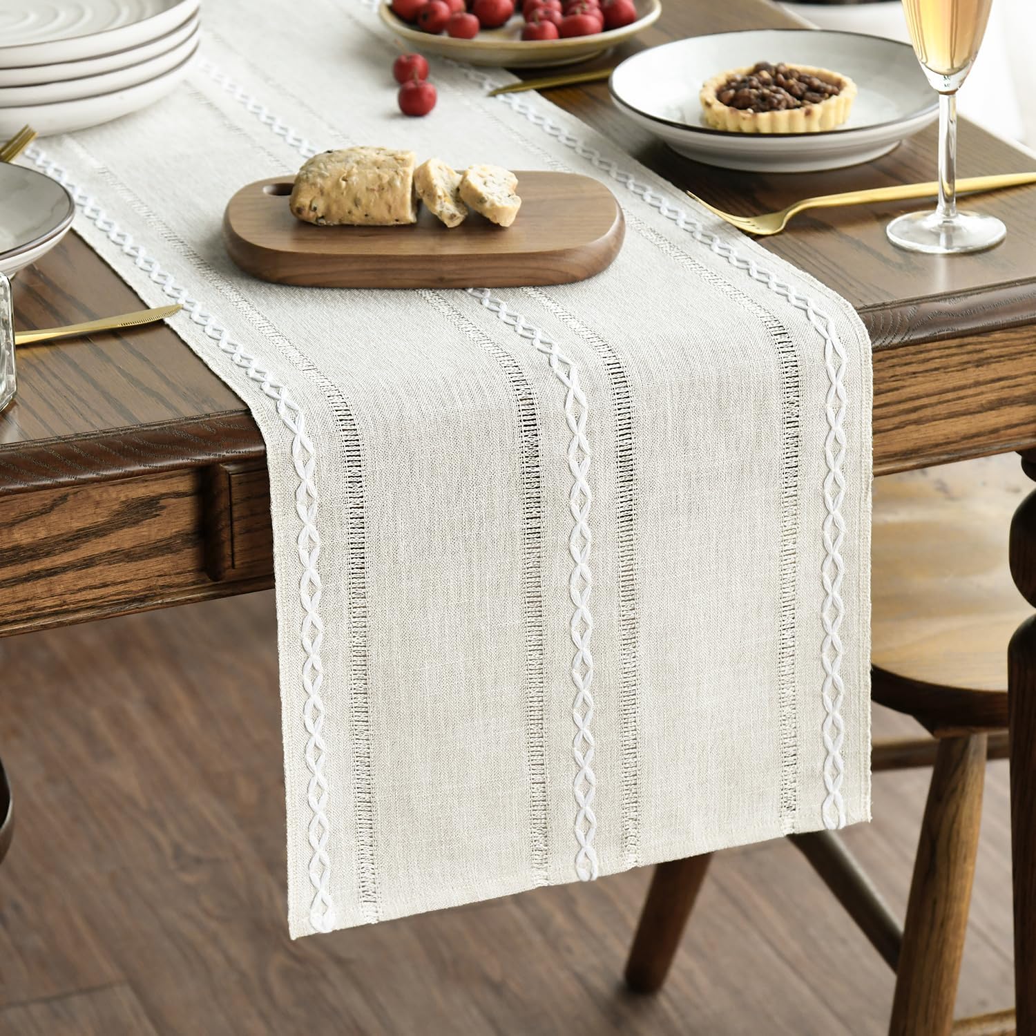 Artoid Mode Beige Rustic Cotton Linen Table Runner, Seasonal Embroidered Hollow Kitchen Dining Table Decoration for Home Party Decor 13×72 Inch