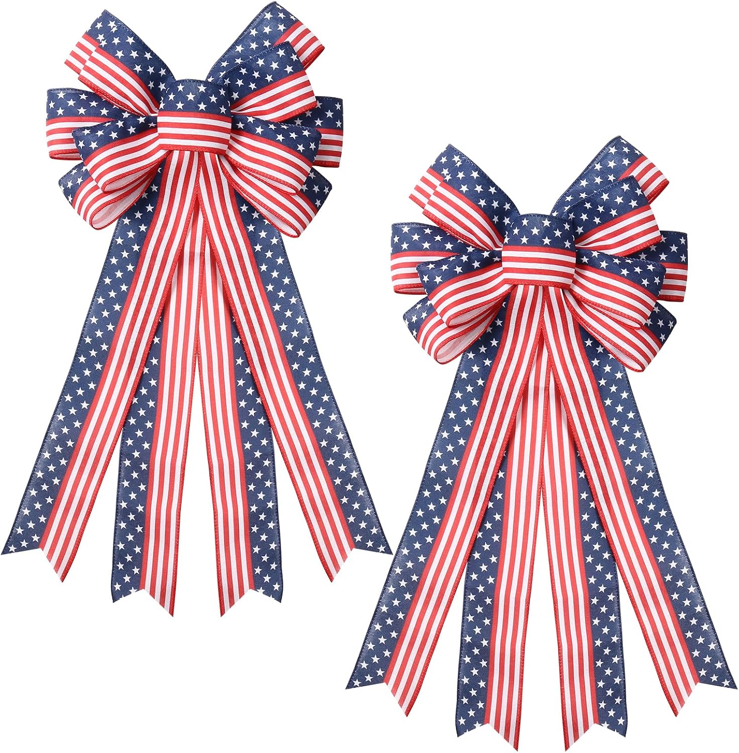 4th of July Bow Decorations for Memorial Day Patriotic Front Door Wreath | 2PCS Red/White/Blue Stripe Stars Tree Topper Bows, for Independence Day Indoor/Outdoor Home Holiday Party Porch Decor