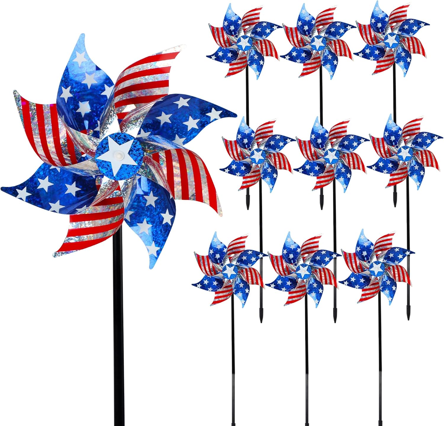 10 Pack Reflective Pinwheels Patriotic Decorations (Assembly Required), American Flag Wind Spinner with Stake for Independence Day, Memorial Day July of 4th, Scare Birds Repellent Devices