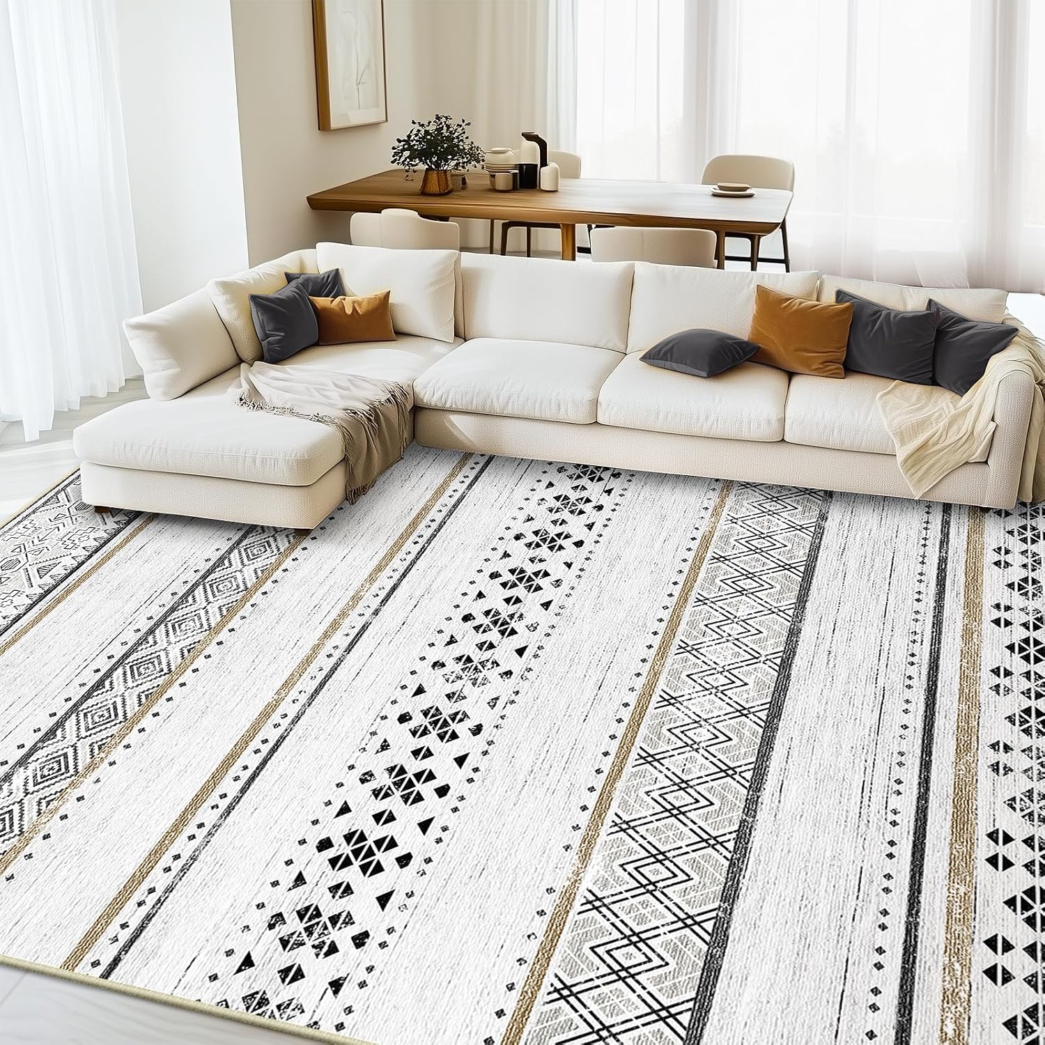 8×10 Washable Area Rugs for Living Room Boho Bedroom Rug Black/Brown | Vacuum Friendly, Machine Washable, Non-Slip Rug, Stain Resistant, Moroccan Geometric, Low Pile Carpet, Dining Room Kitchen