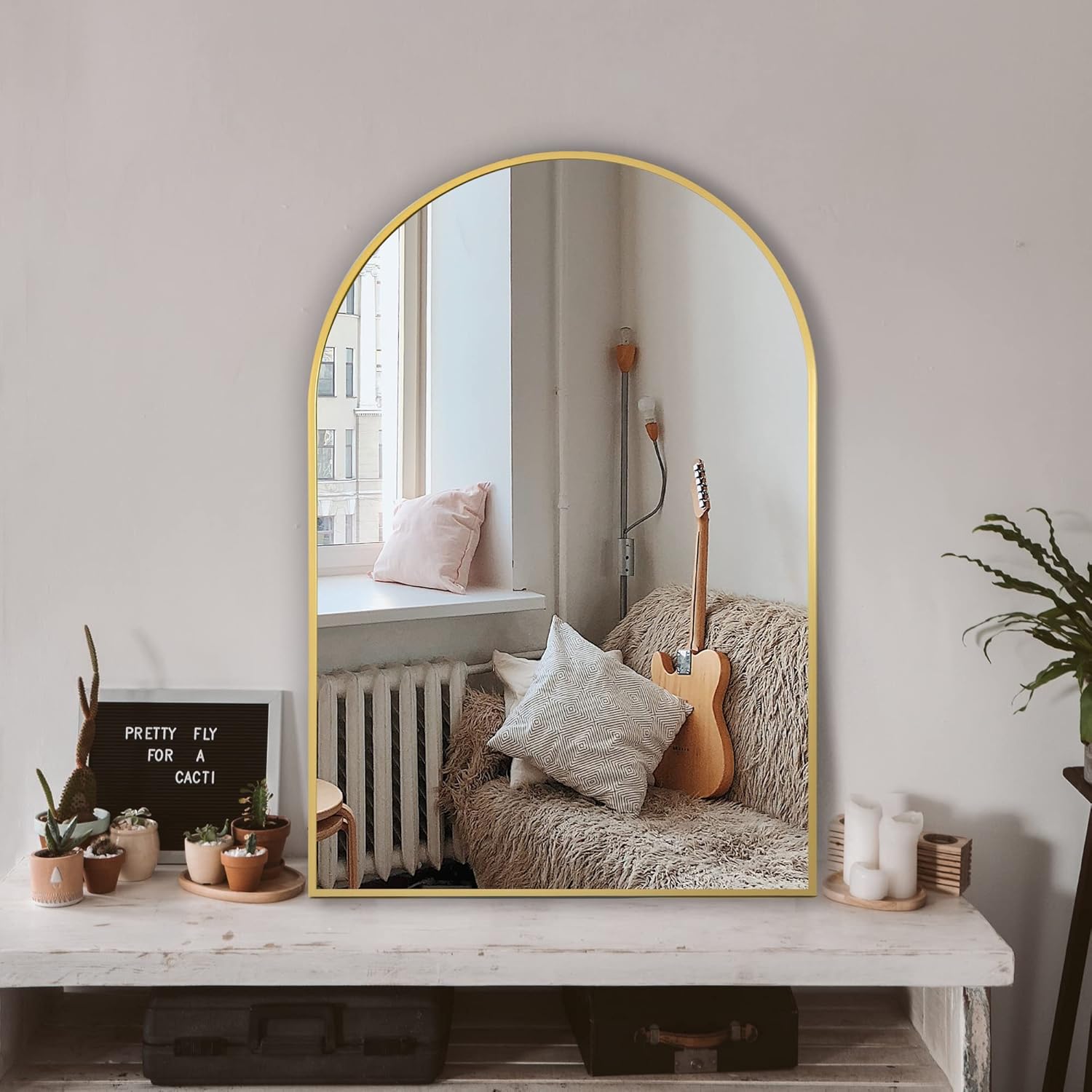 Arched Bathroom Mirror for Wall, 36″ x 24″ Metal Frame Vanity Mirror, Gold | Aluminium Alloy Frame, HD Shatterproof Glass, for Bathroom Over Sink , Entryway, Bedroom, Living Room