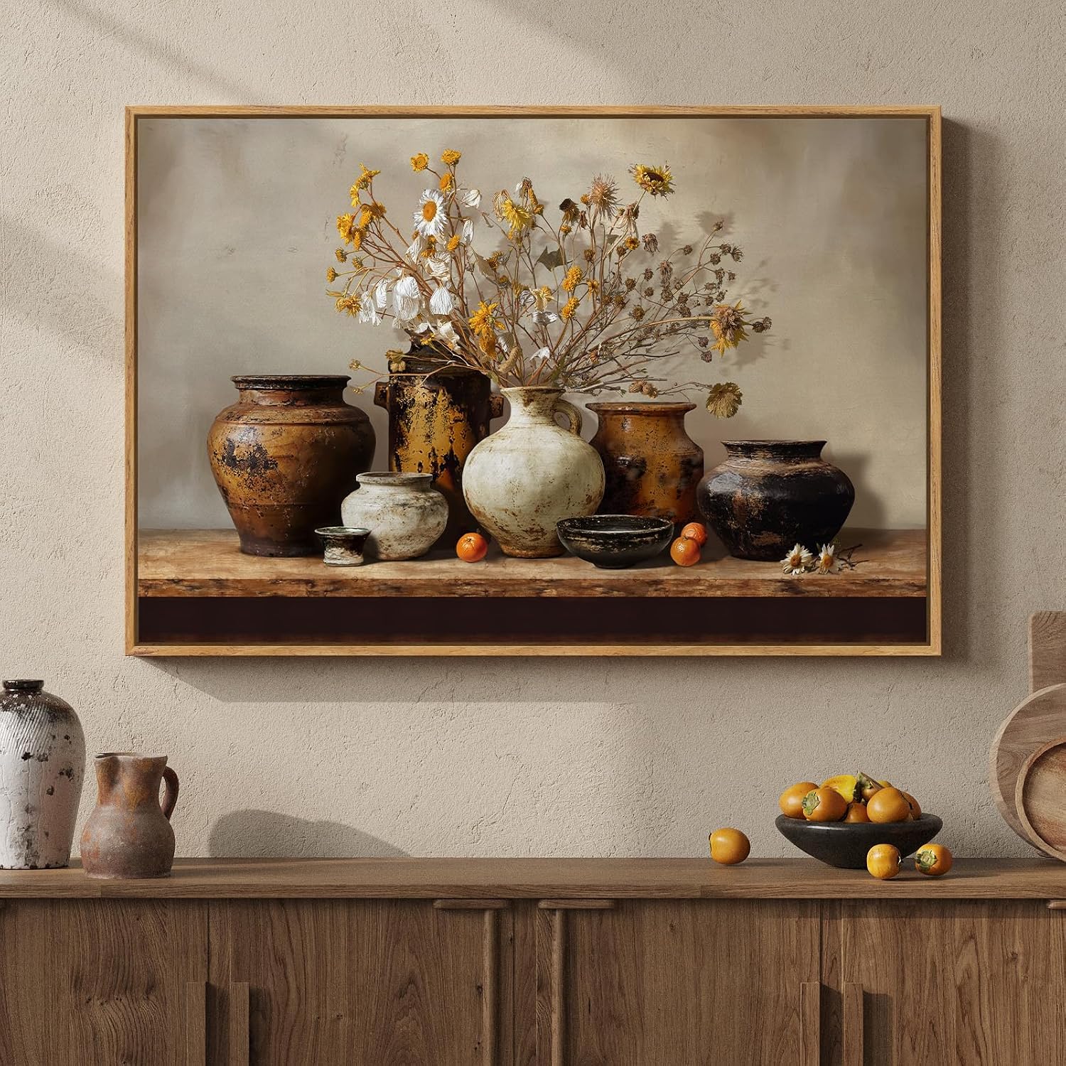 Framed Vintage Floral Pottery Kitchen Wall Art, Farmhouse Rustic Still Life Neutral Canvas Artwork for Walls, Retro Vase Flower Painting Print for Dining Room Bedroom Living Room Wall Decor, 36×24 In