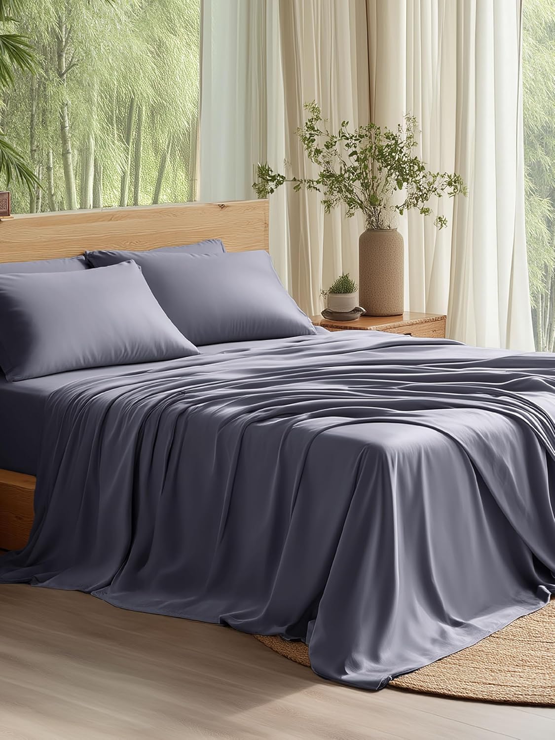 Bedsure PureWoven 100% Rayon Derived from Bamboo, Queen Sheets, 4 Pieces | Cooling Sheets for Hot Sleepers, Breathable & Silky Soft, 16″ Deep Pocket, Hotel Luxury Bedding, Dark Grey