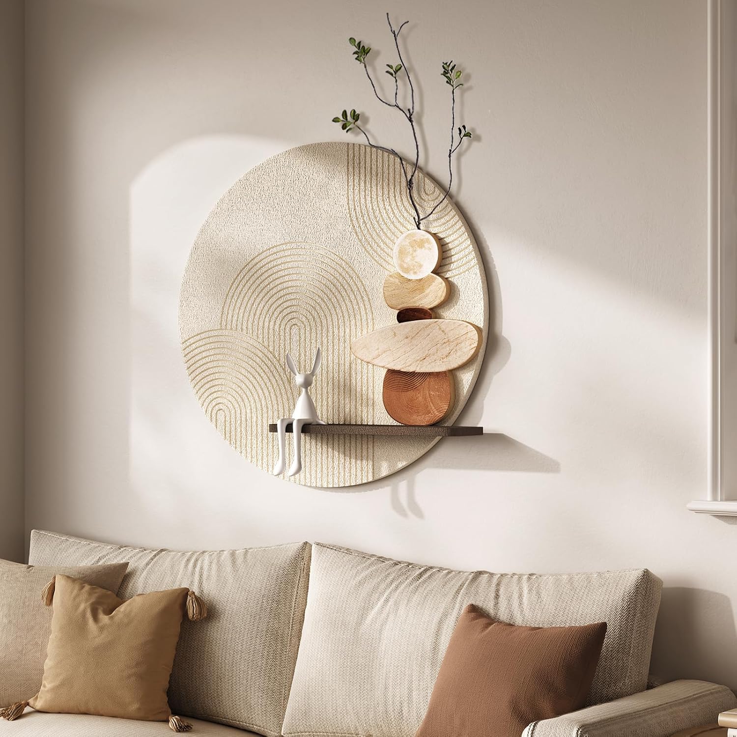 3D Textured Neutral Abstract Wall Art Decor with Shelf, Boho Beige and Brown Artwork for Walls, Modern Minimalist Wall Decor for Living Room, Hallway, Dining Room, Kitchen, Bedroom, Office 24×24 Inch