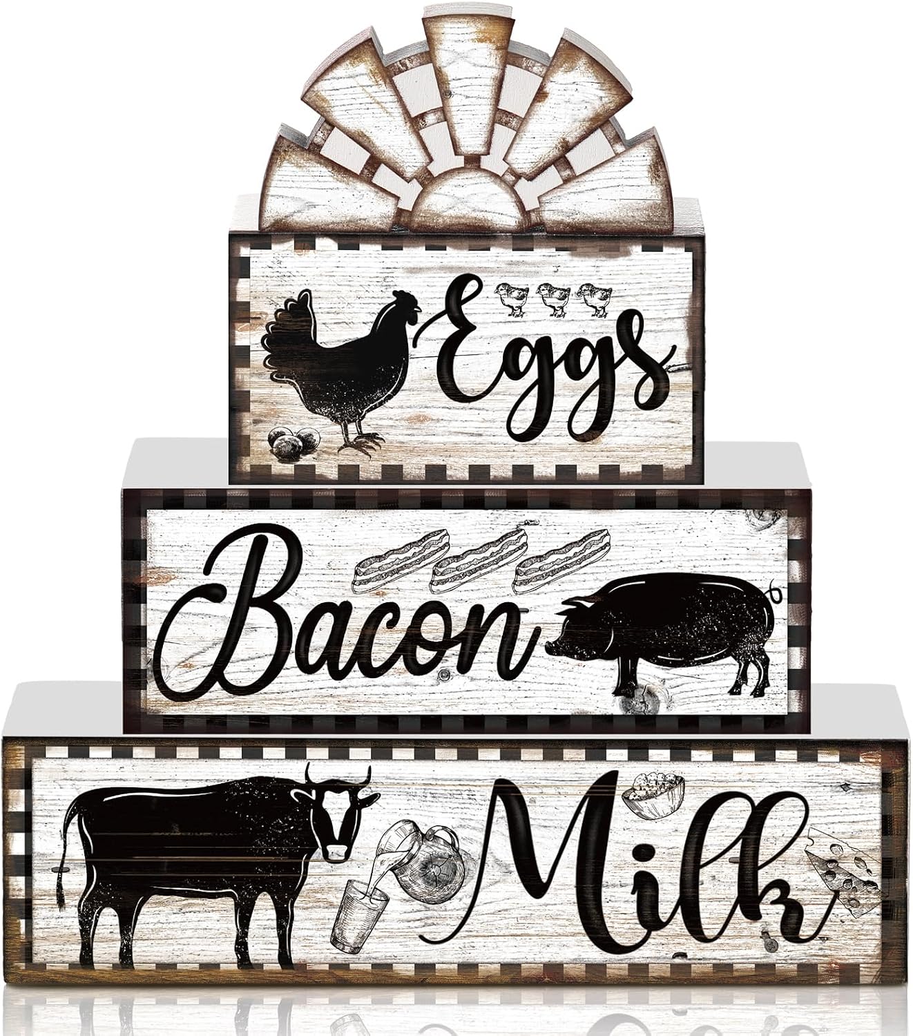 Jetec 4 Pcs Farmhouse Kitchen Decor Wooden Tiered Tray Decor Cow Rooster Pig Rustic Bathroom Signs Decorative Faux Stacked Table Centerpiece Block Sign for Home Living Kitchen Dining Room Shelf