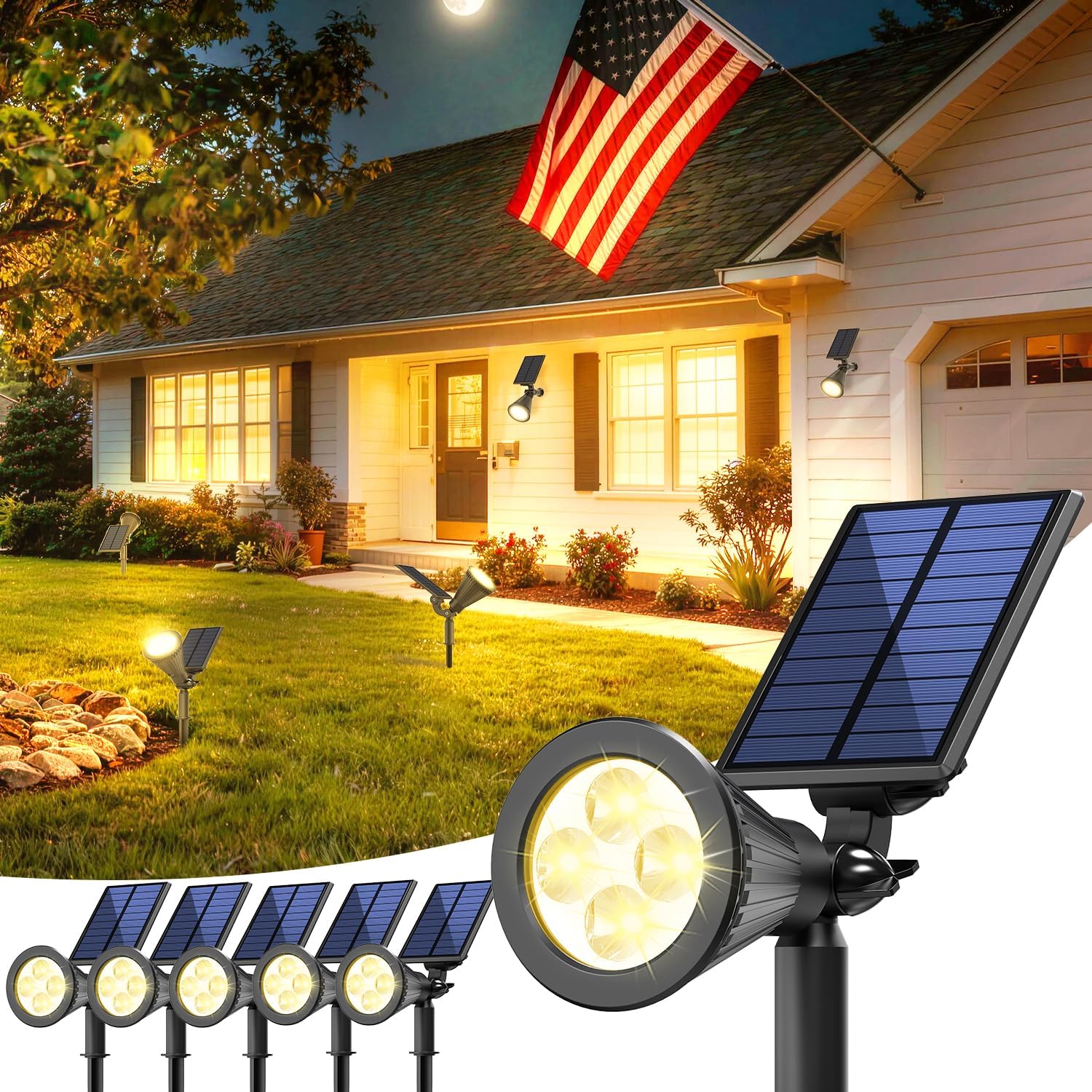 JEJOT 6 Pack Solar Lights Outdoor Waterproof,Warm White Light,2 Lighting Modes,Solar Powered Spotlights for Yard Garden Solar Spot Lights for Flag Landscape Auto On/Off