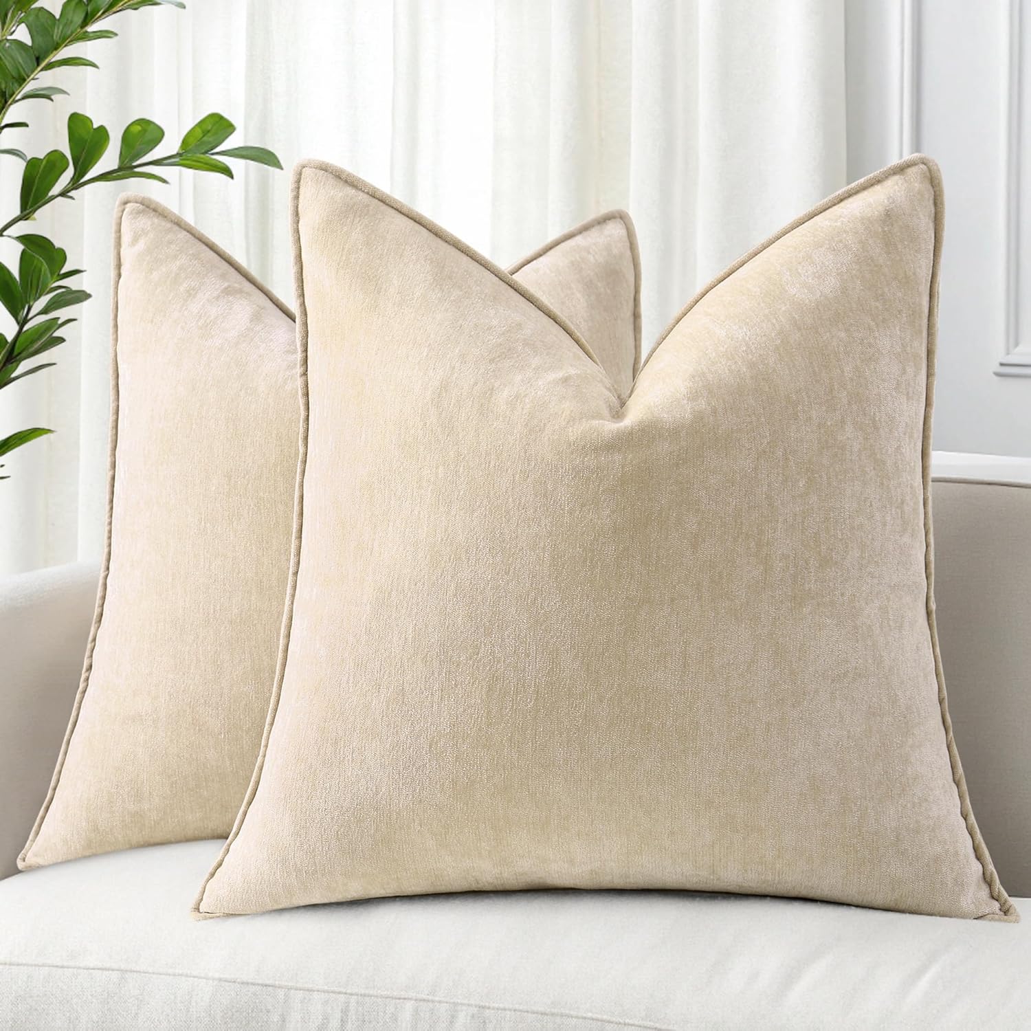 decorUhome Chenille Beige Velvet Throw Pillow Covers 18×18 Set of 2 | Fall Soft Couch Decorative Modern Farmhouse Pillow Cases with Elegant Design for Sofa Bed Living Room Home Decor