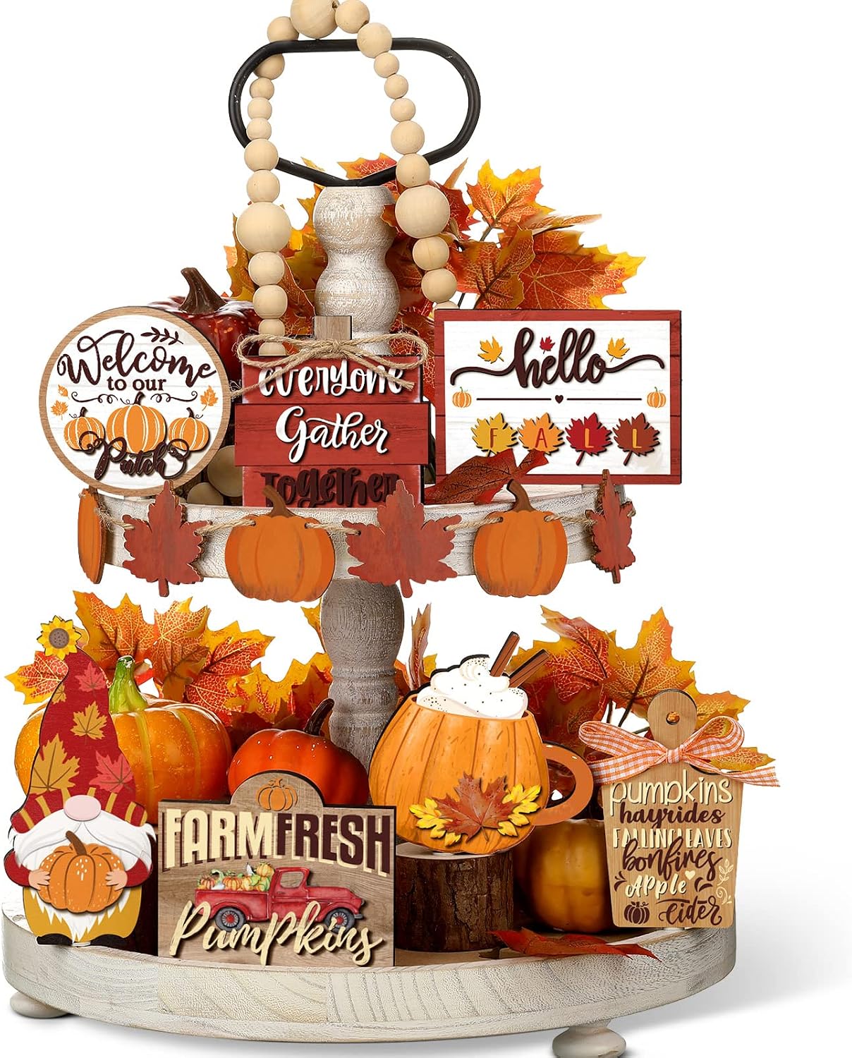 BBTO 13 Set Fall Tiered Tray Decor Rustic Farmhouse 3D Layered Wooden Signs | Pumpkin Gnome Truck Maple Leaf Autumn Thanksgiving Vintage Tabletop Centerpieces Wood Blocks Signs for Harvest Kitchen Home