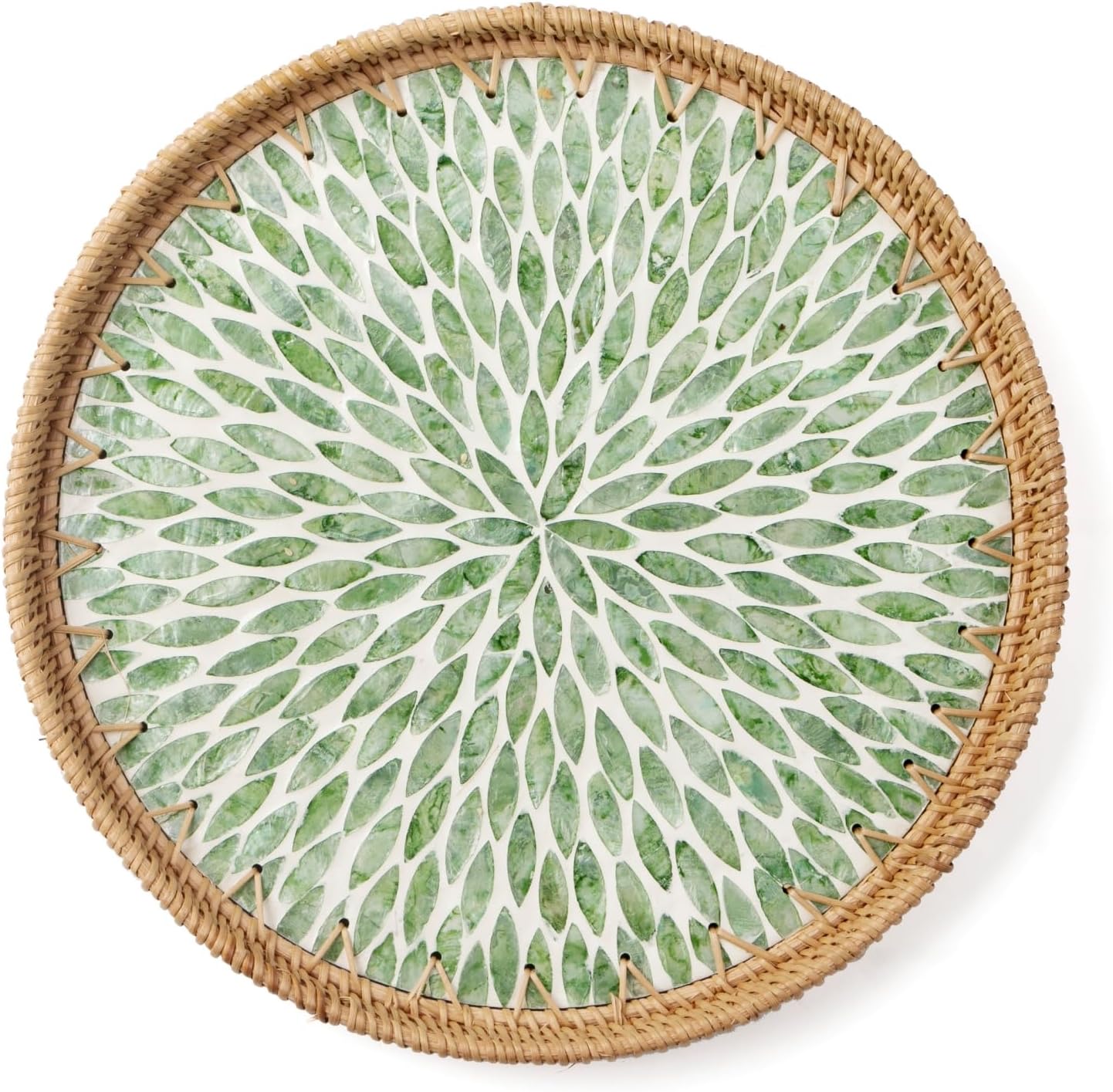 Round Rattan Tray with Mother of Pearl Inlay, Wooden Base | Coffee Table Serving Tray, Home Decorative Wicker Woven, for Outoor Patio Decor