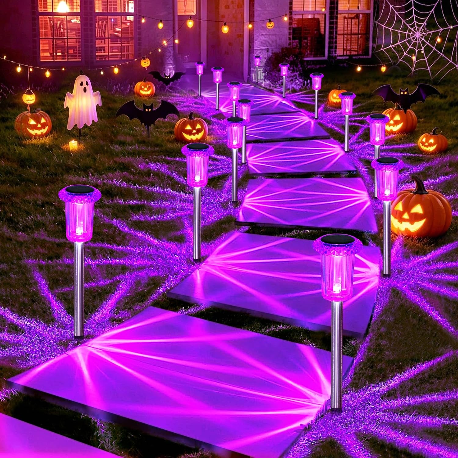 DenicMic Solar Halloween Lights Outdoor 10 Pack Purple LED Halloween Decor | Yard Garden Pathway Walkway Patio Lawn, Spike Style Starburst Pattern, Acrylic/Stainless Steel Halloween Decorations Outdoor