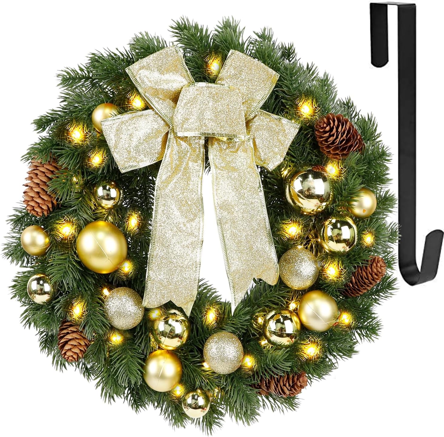 Lighted Christmas Wreath with Metal Hanger, Pre-lit Xmas Wreath with Large Golden Bow & Balls, Battery Operated with 40 LEDs Lights, for Front Door Gate Wall Christmas Party Decorations