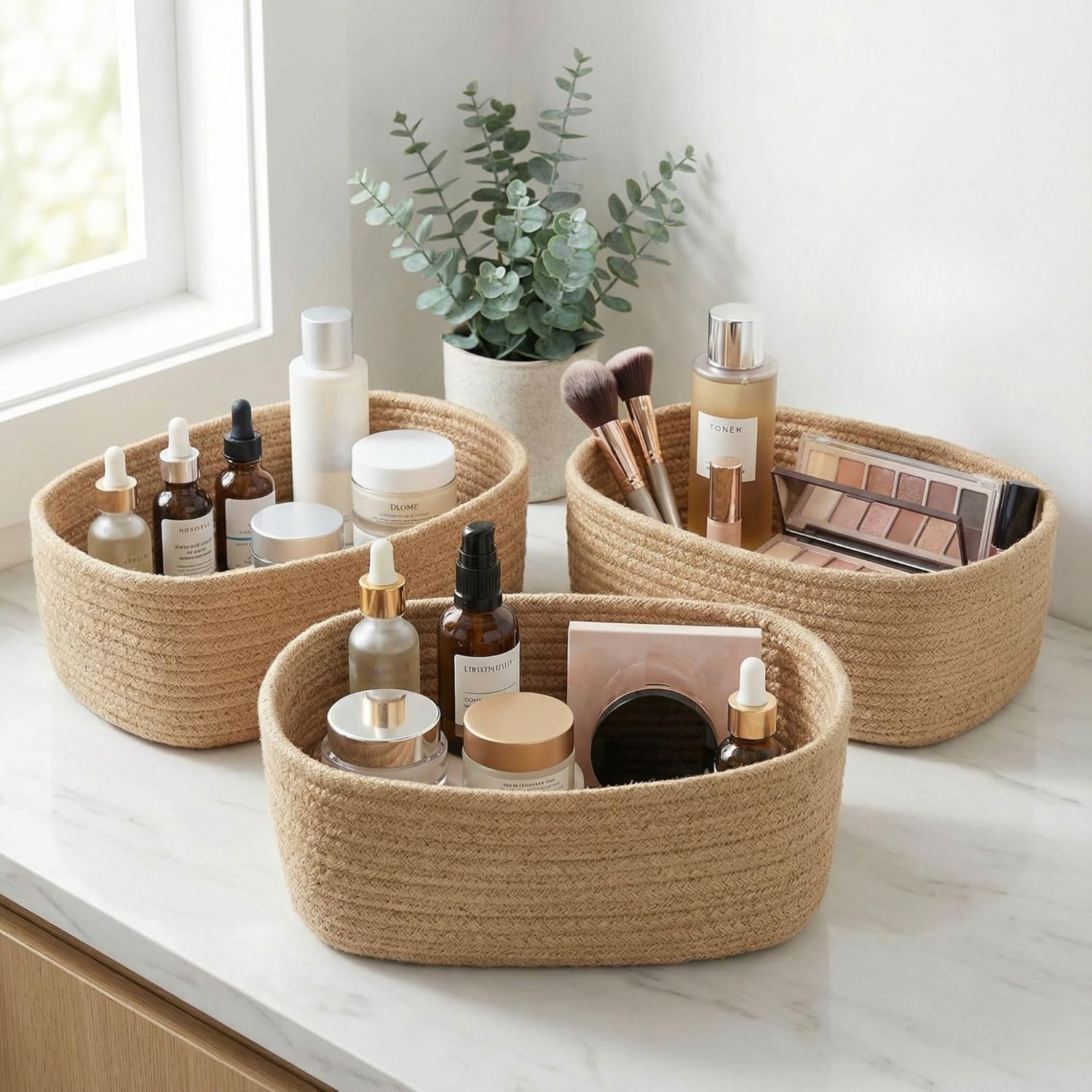 Beautiful Storage Basket Set of 3 – Sturdy Jute Rope Baskets for Shelves Are Perfect for Organizing Your Home – Quality Storage Bins Easily Fit With Any Nursery or Bedroom Decor