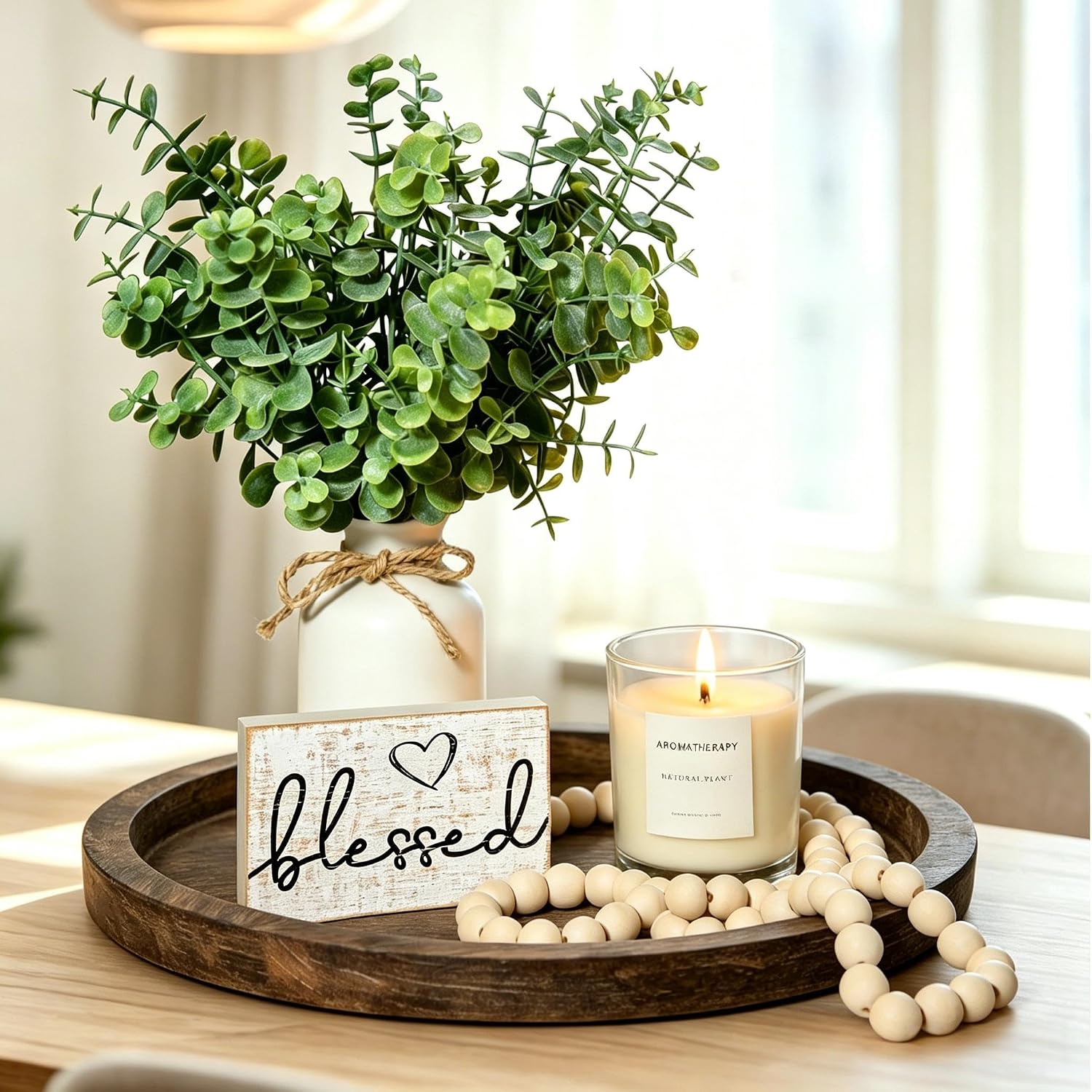Rustic Modern Farmhouse Decor Set of 6 for Your Living Room | Kitchen Counter, Home or Table Centerpieces Room Decor, Wood Round Decorative Tray Gifts for Women Men