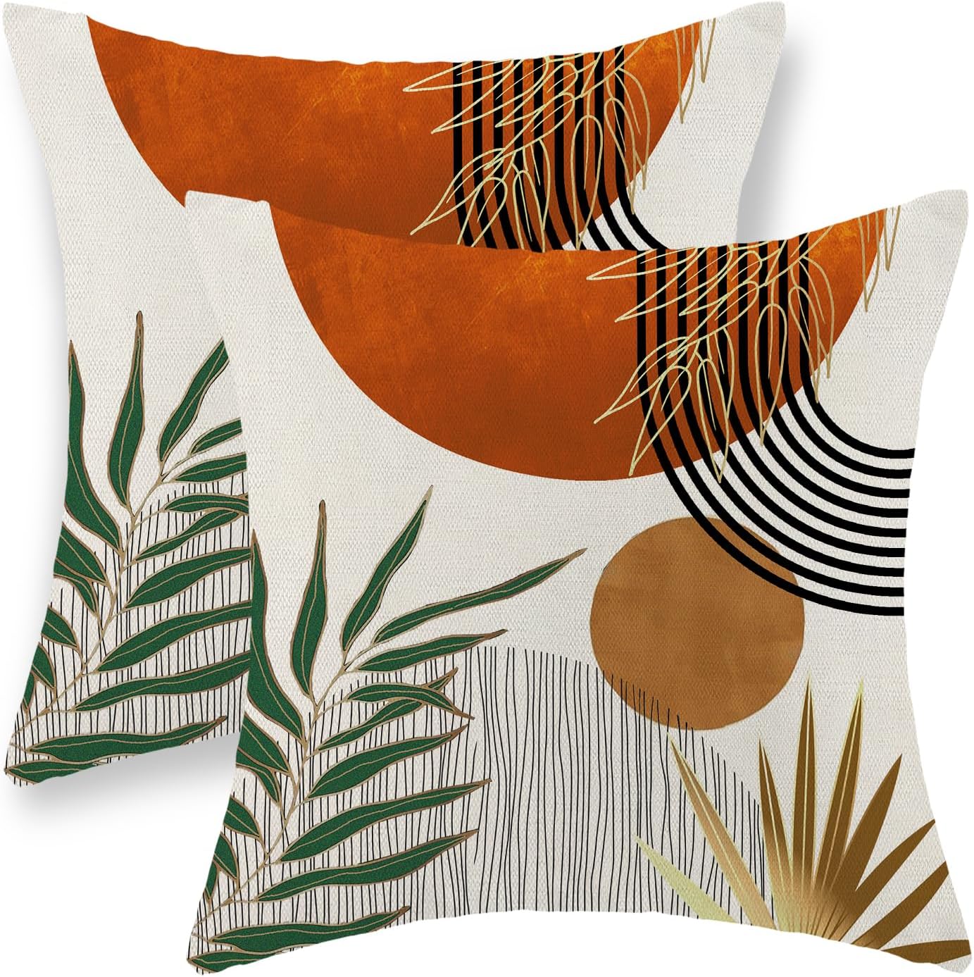 Boho Pillow Covers 18×18 Set of 2 Green Gold Orange Throw Pillows Tropical Leaves Sunset Decor Modern Mid Century Pillowcase Outdoor Decorations Bohemian Linen Cushion Case for Couch Sofa Bed