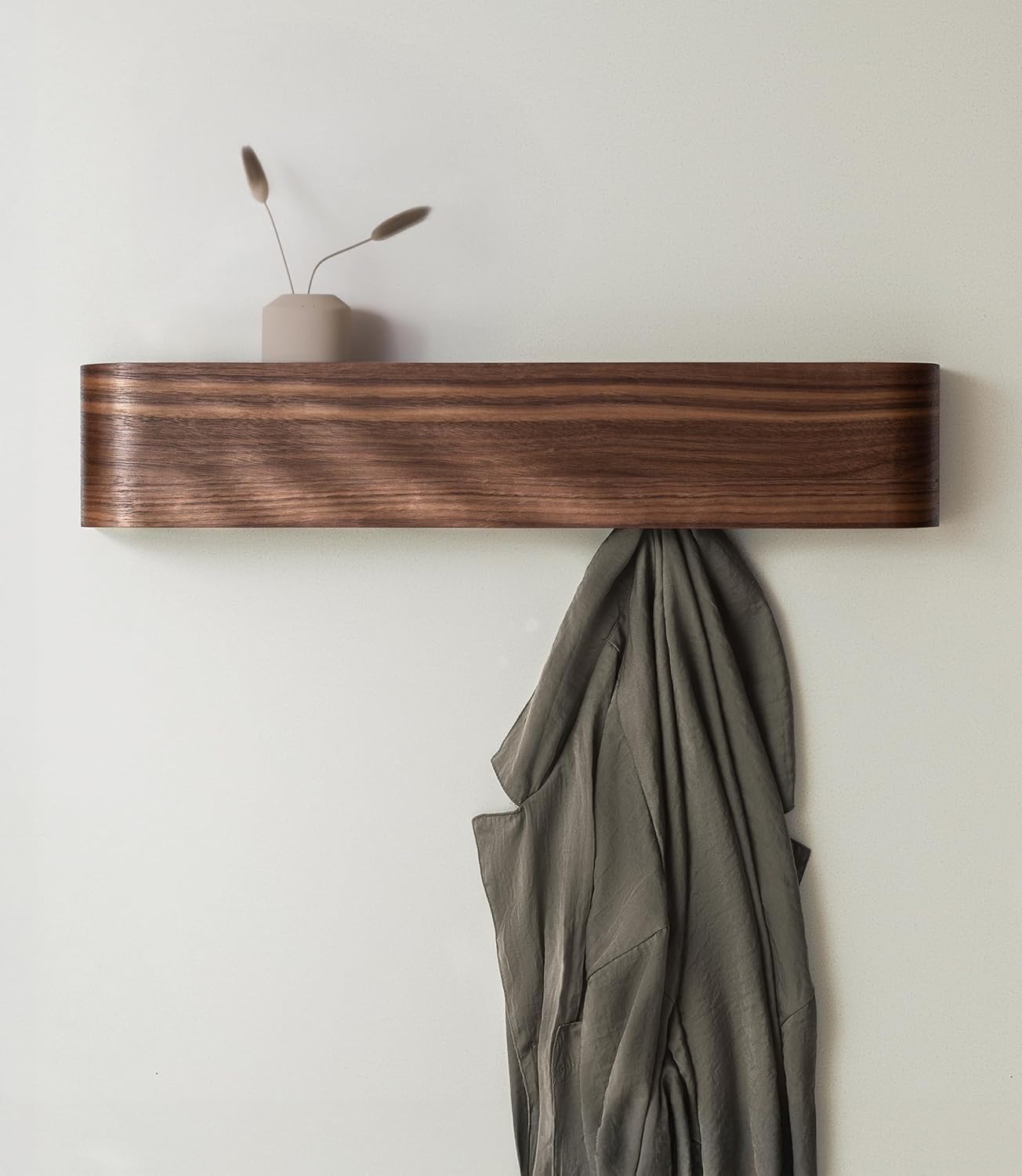 Kazai. Wall-Mounted Coat Rack ‘Toke’ – Modern Design Coat Rack with Hidden Wall Hooks – Solid Wood Veneer Panel Coat Hanger – Walnut