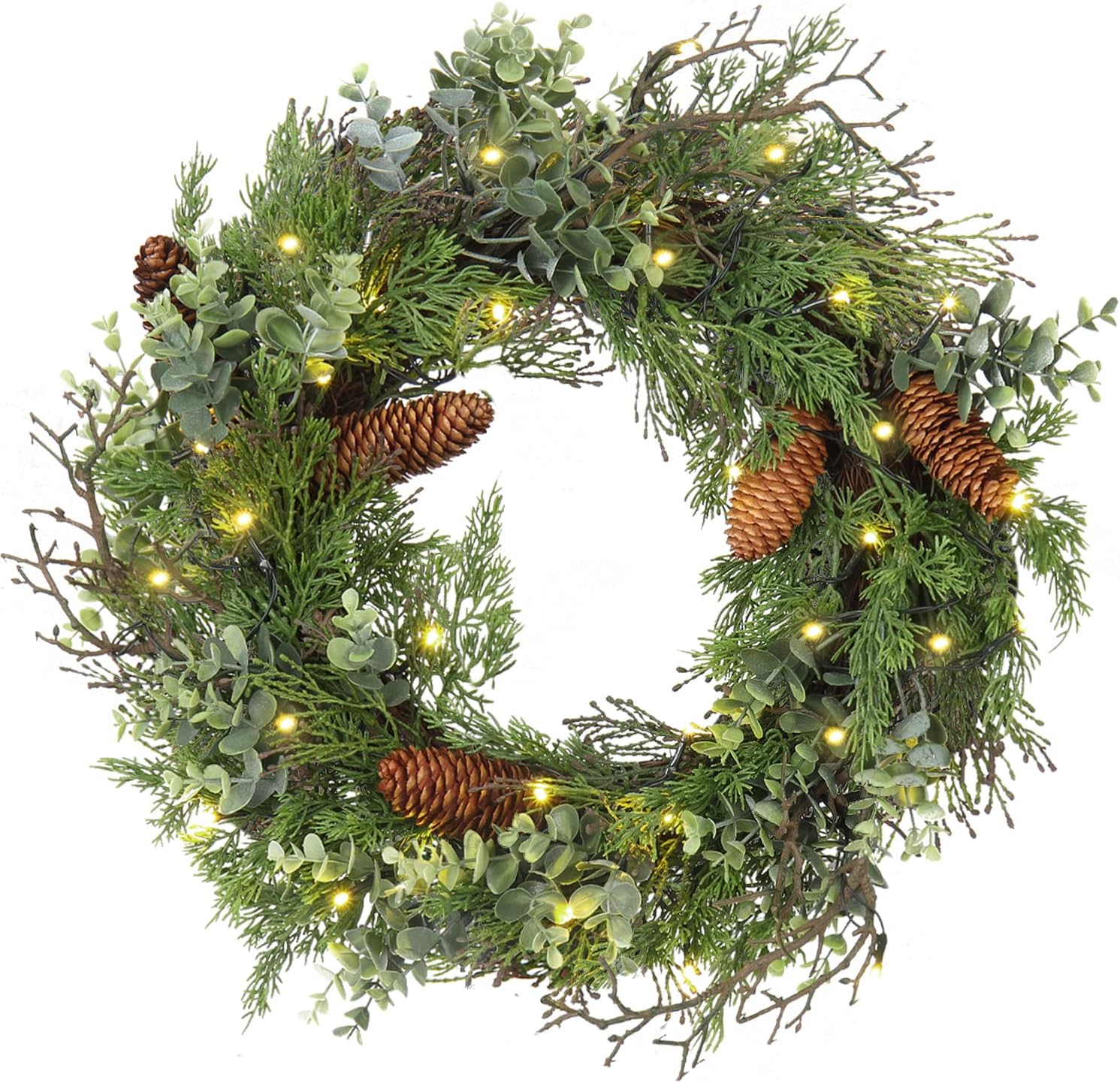 Pre Lit Christmas Wreath for Front Door Green Wreath Decorated with Pine Cones,Berry Clusters, Abundant Fit Branches 18” Lighted Christmas Wreaths for Windows Winter Wreath Hanging Wall Decor