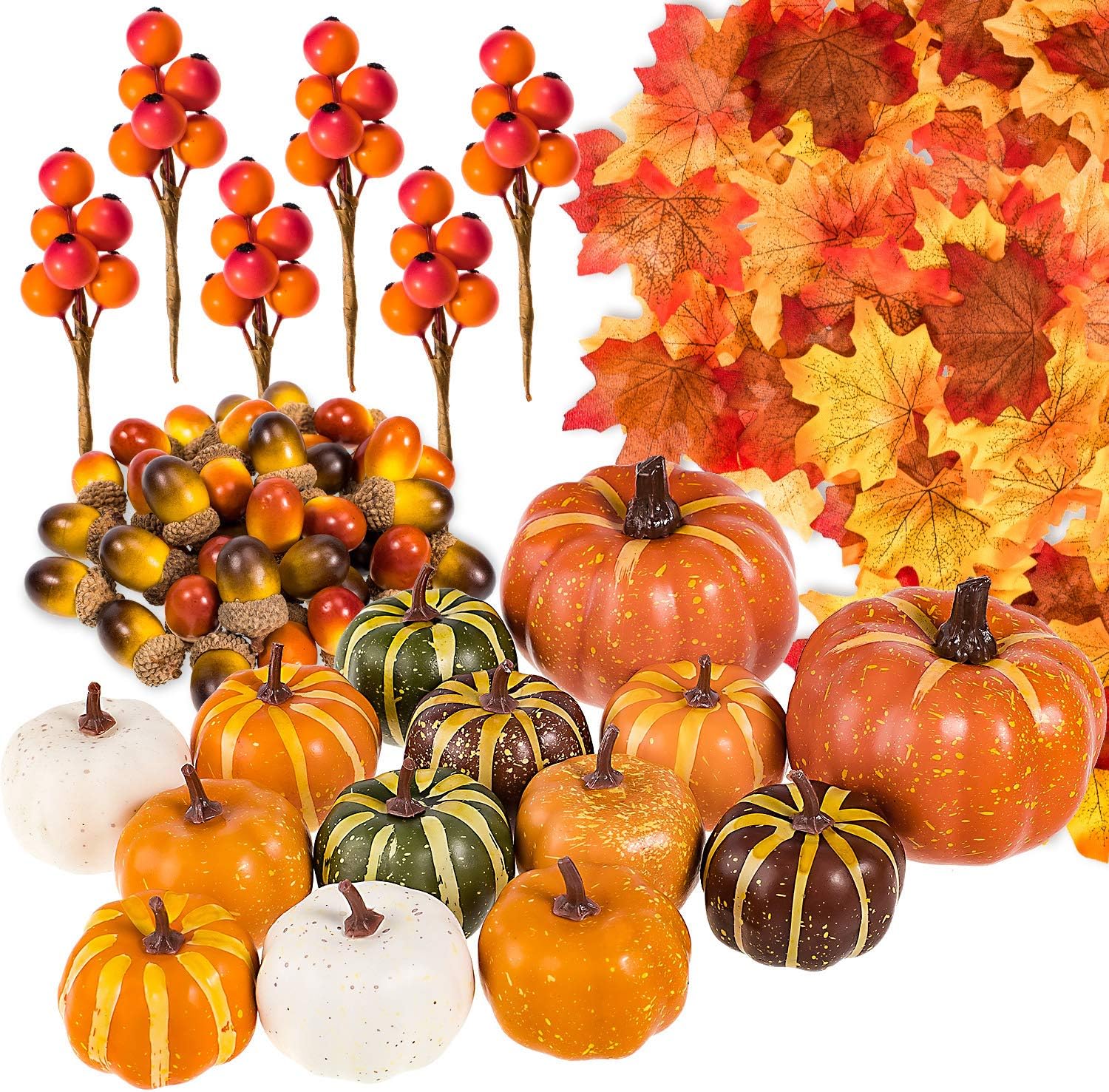 Whaline 160 Pcs Fall Decorations for Home Autumn Artificial Maple Leaves Harvest Pumpkins Gourds Acorns and Orange Berry Stems Set for Thanksgiving Halloween Home Table Decoration Party Backdrop