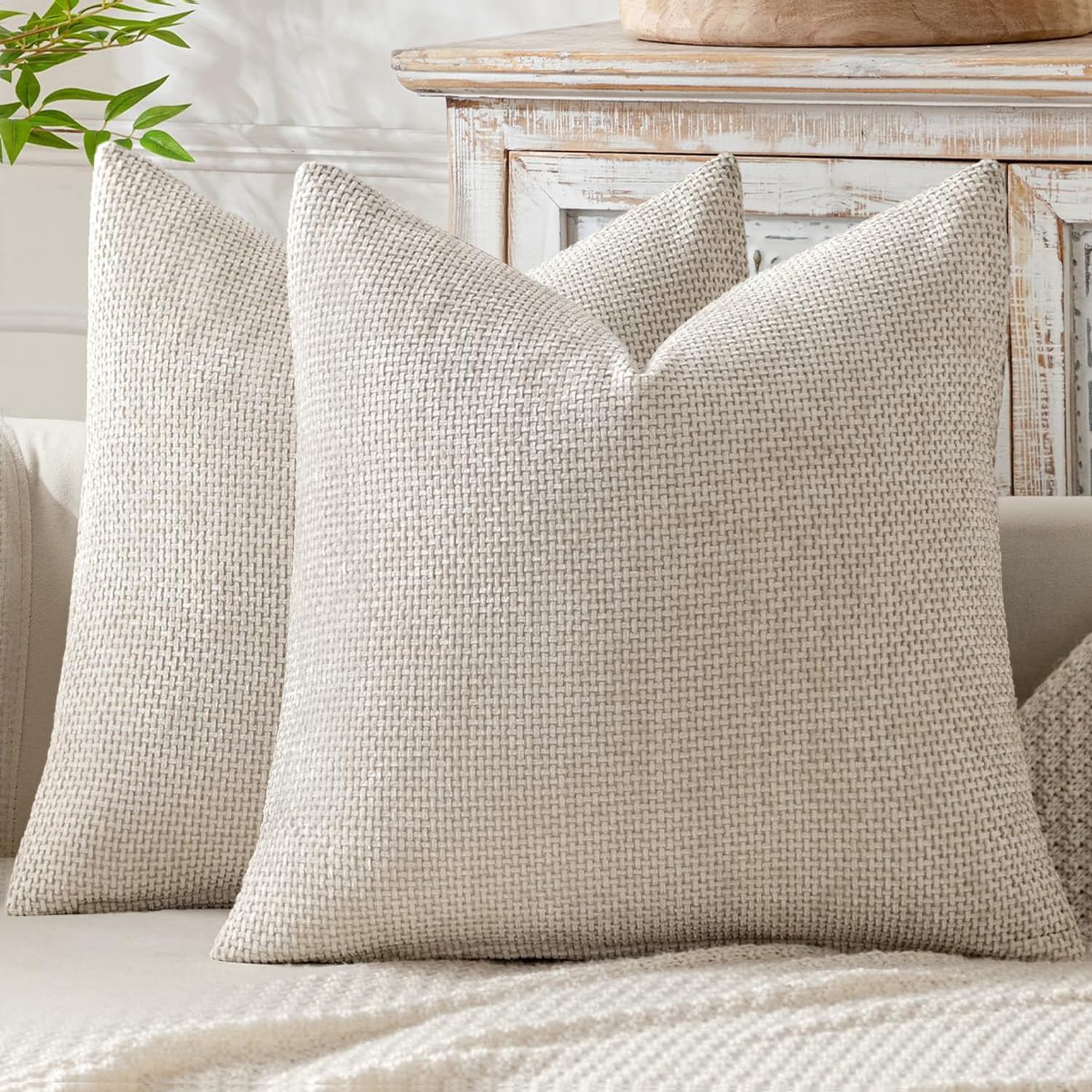 MIULEE Pack of 2 Couch Throw Pillow Covers 18×18 Inch Neutral Beige Modern Boho Accent Decorative Pillow Covers Soft Chenille Farmhouse Cushion Covers for Home Decor Bed Sofa Living Room