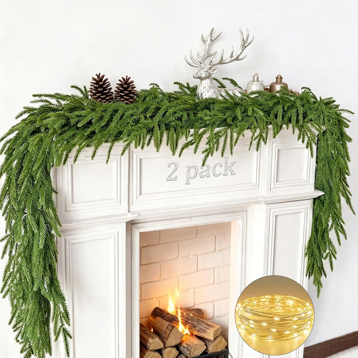 2 Pcs Christmas Garland with Lights 6 Ft, Real Touch Norfolk Pine Garland for Mantle, Christmas Decorations Indoor Outdoor for Wall Fireplace, Faux Greenery Cedar Garland Realistic for Table Decor