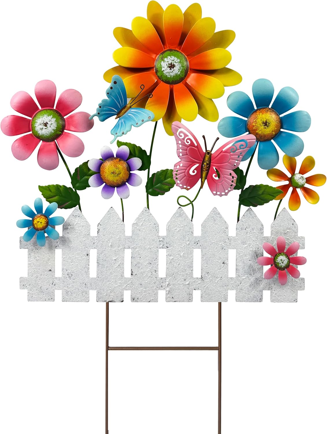 Colorful Flower Garden Stake with Butterflies & White Fence, Outdoor Yard Art Decor, Metal Floral Lawn Stakes for Garden, Patio, Flower Bed, Spring & Summer Outdoor Decoration