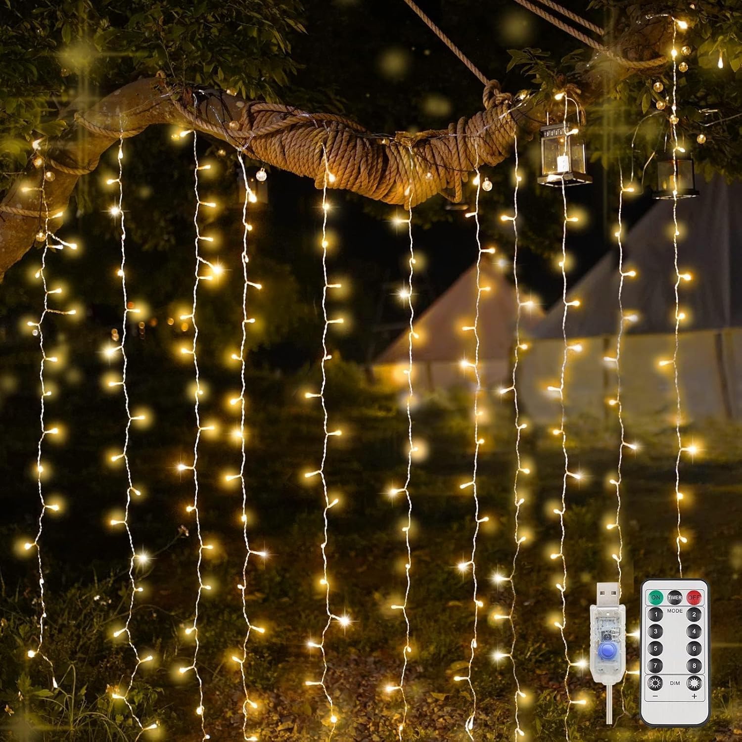 200 LED Curtain Lights Fairy Lights with Remote Bedroom 6.5×6.5ft | Warm White,USB Powered , IP44 Waterproof Indoor Outdoor Decor for Christmas Wedding Backdrop