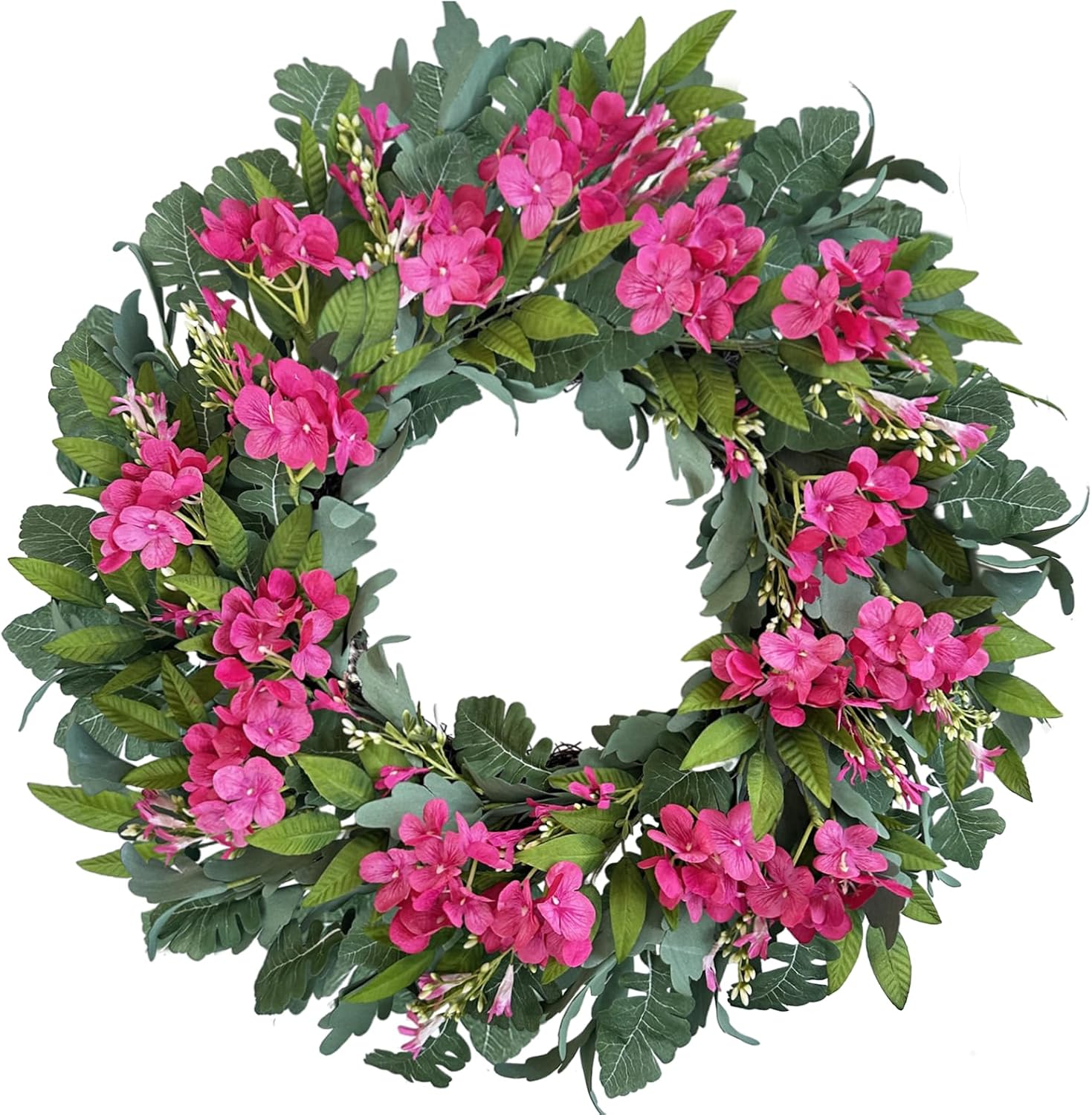 24 Inch Pink Hydrangea Wreaths for Front Door, Spring Summer Artificial Floral Wreaths with Pink Wildflowers, Green Olive Leaves Large Foliage, Farmhouse Rustic Decor for Porch, Wall, Garden