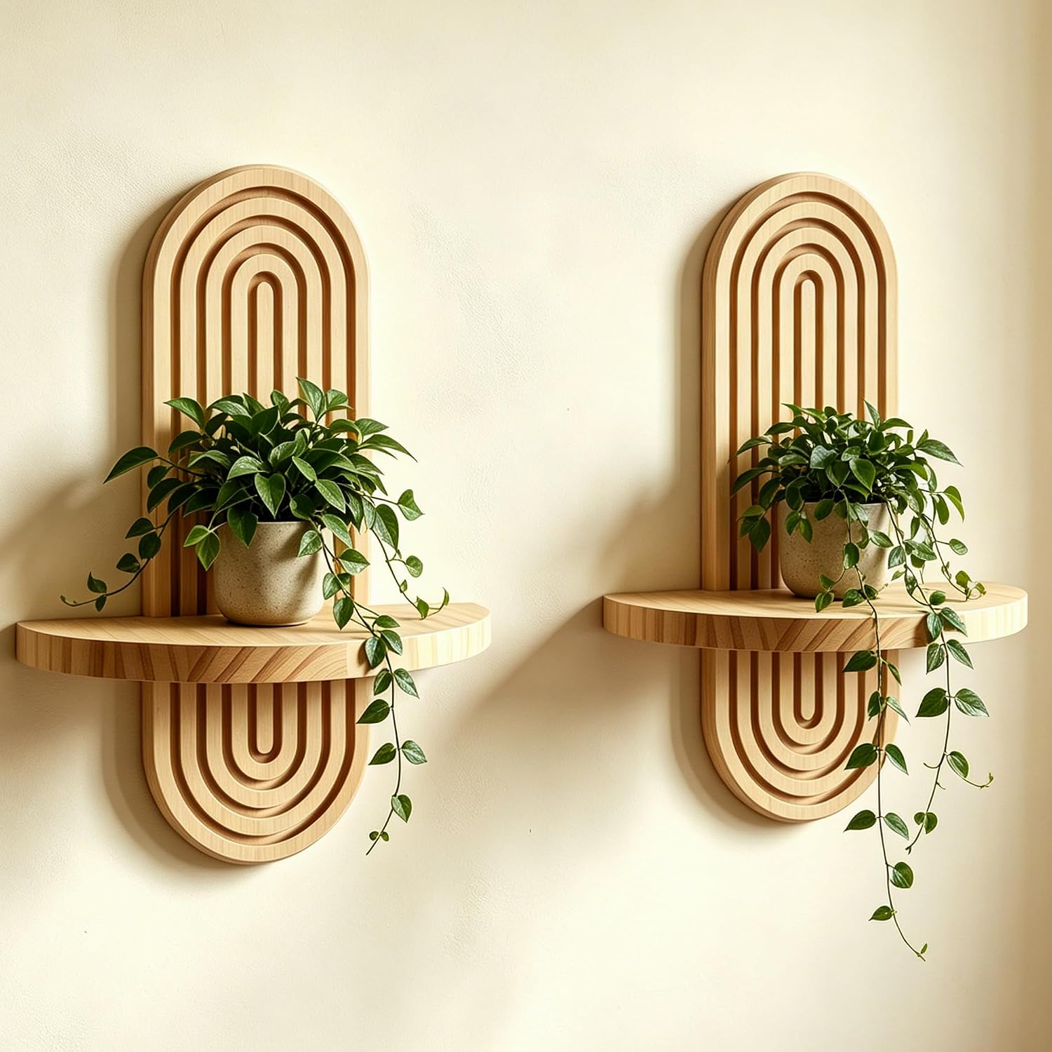 2 Pcs Wood Boho Arched Wall Shelf for Mini Plants & Decor (11.8″ X 7.8″) | Max 11 lbs Load, Moisture-proof, Space-saving. For Living Room, Entryway, Bedroom, Bathroom to Hold Succulent & Small Objects