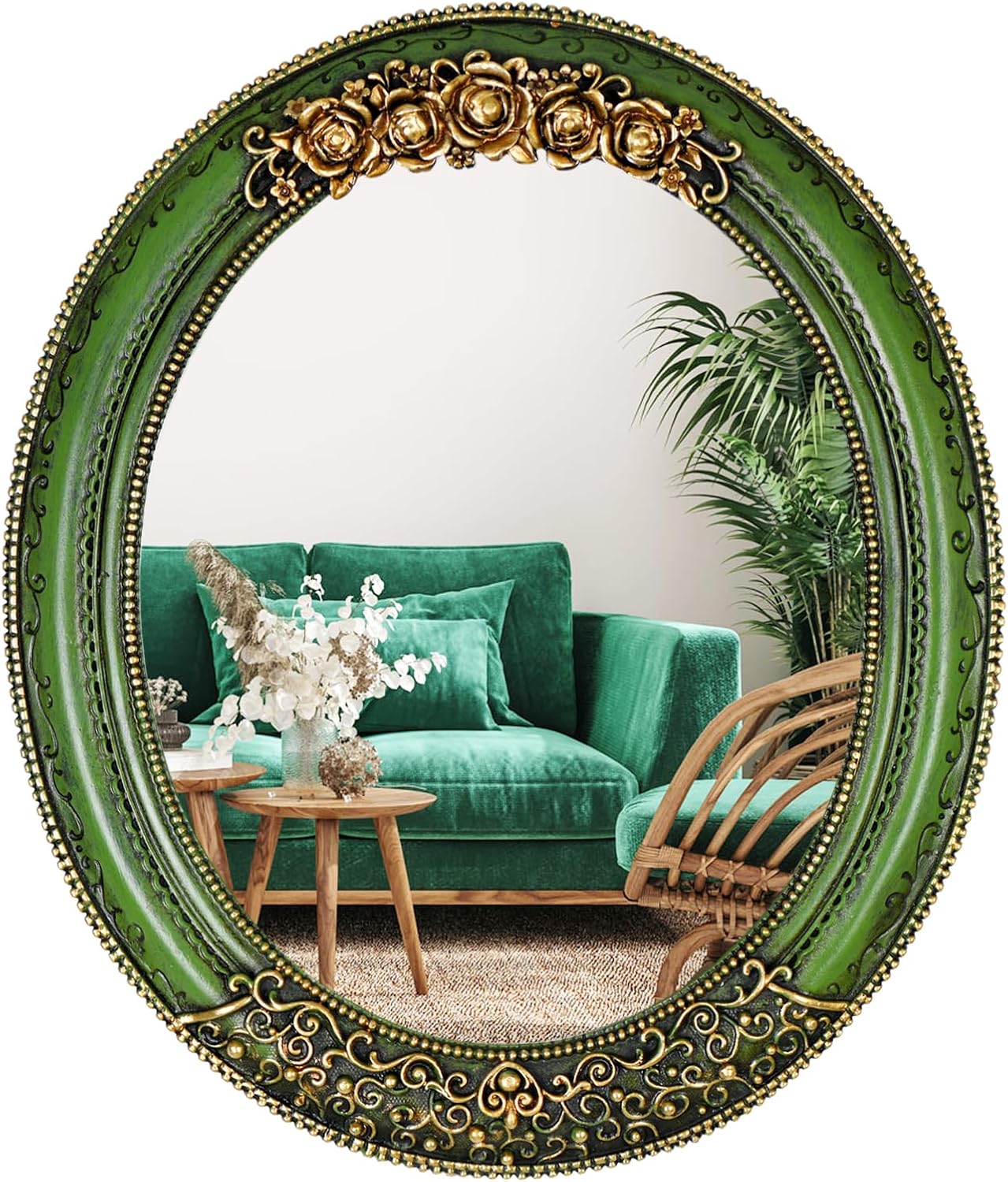 Oval Resin Vintage Mirror, Wall Mounted Decorative Mirror for Entryway, Hallway, Bedroom Oval Mirror 11.8×10 inch (Green)