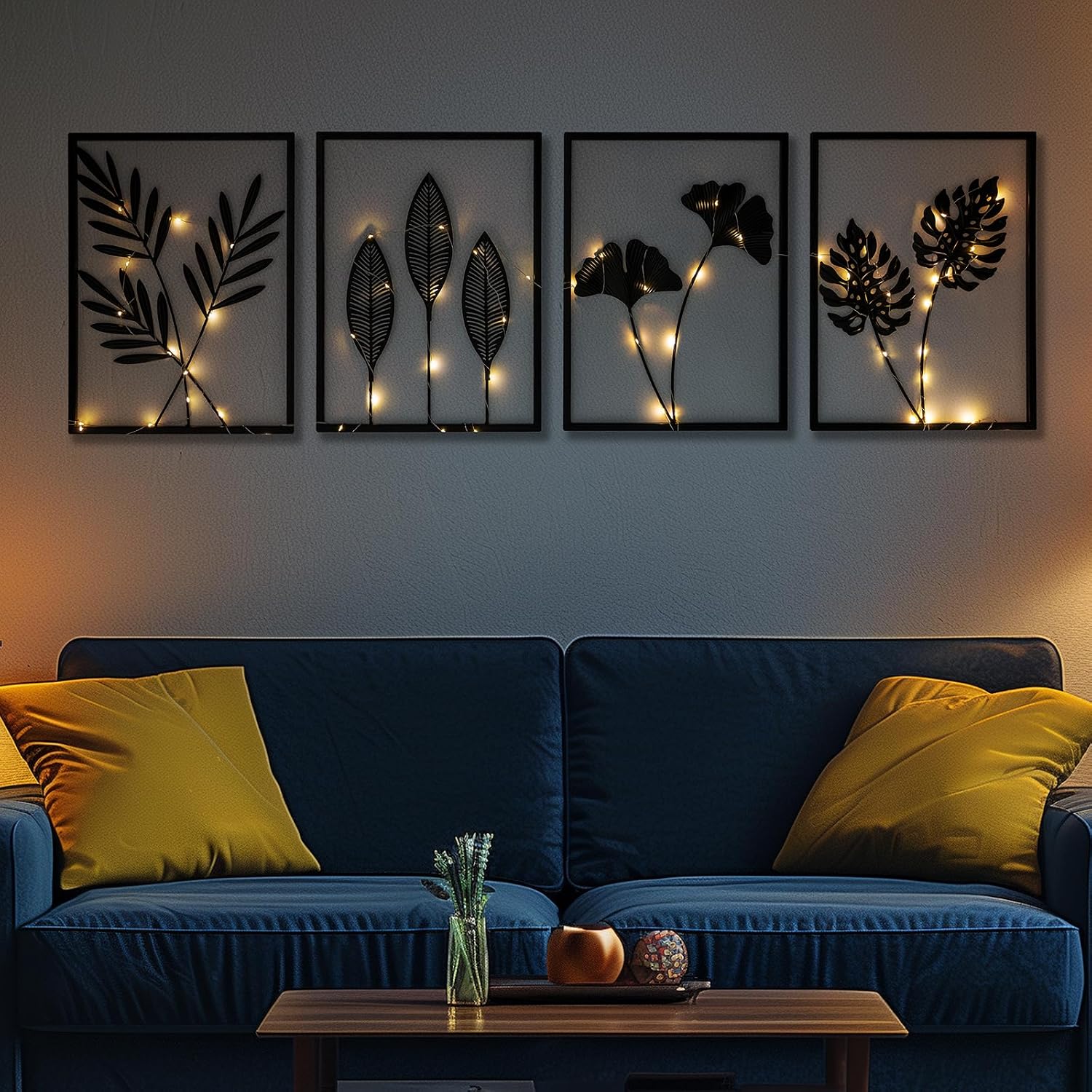 QXSXKJ Black Metal Wall Decor Framed, 3d Modern Metal Wall Art with Light, Minimalist Abstract Black Line Art DéCor, 4 Piece Home Art for Living Room Bedroom Bathroom