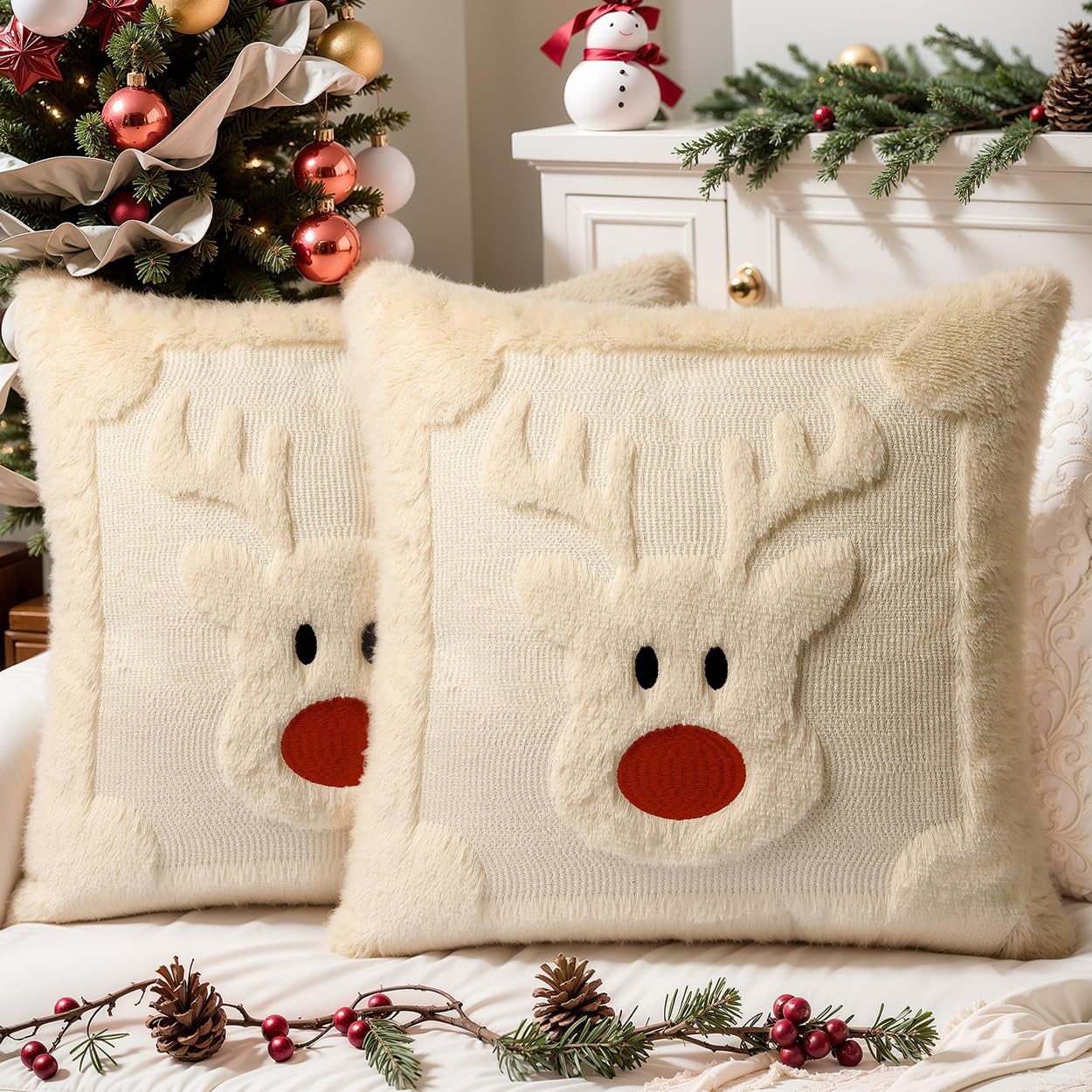 Christmas Pillow Covers Set of 2 Soft Plush Faux Fur Pillow Cases 3D Embroidered Decorative Couch Cover Home Decor Christmas Throw Pillow Covers 18×18,Beige Reindeer