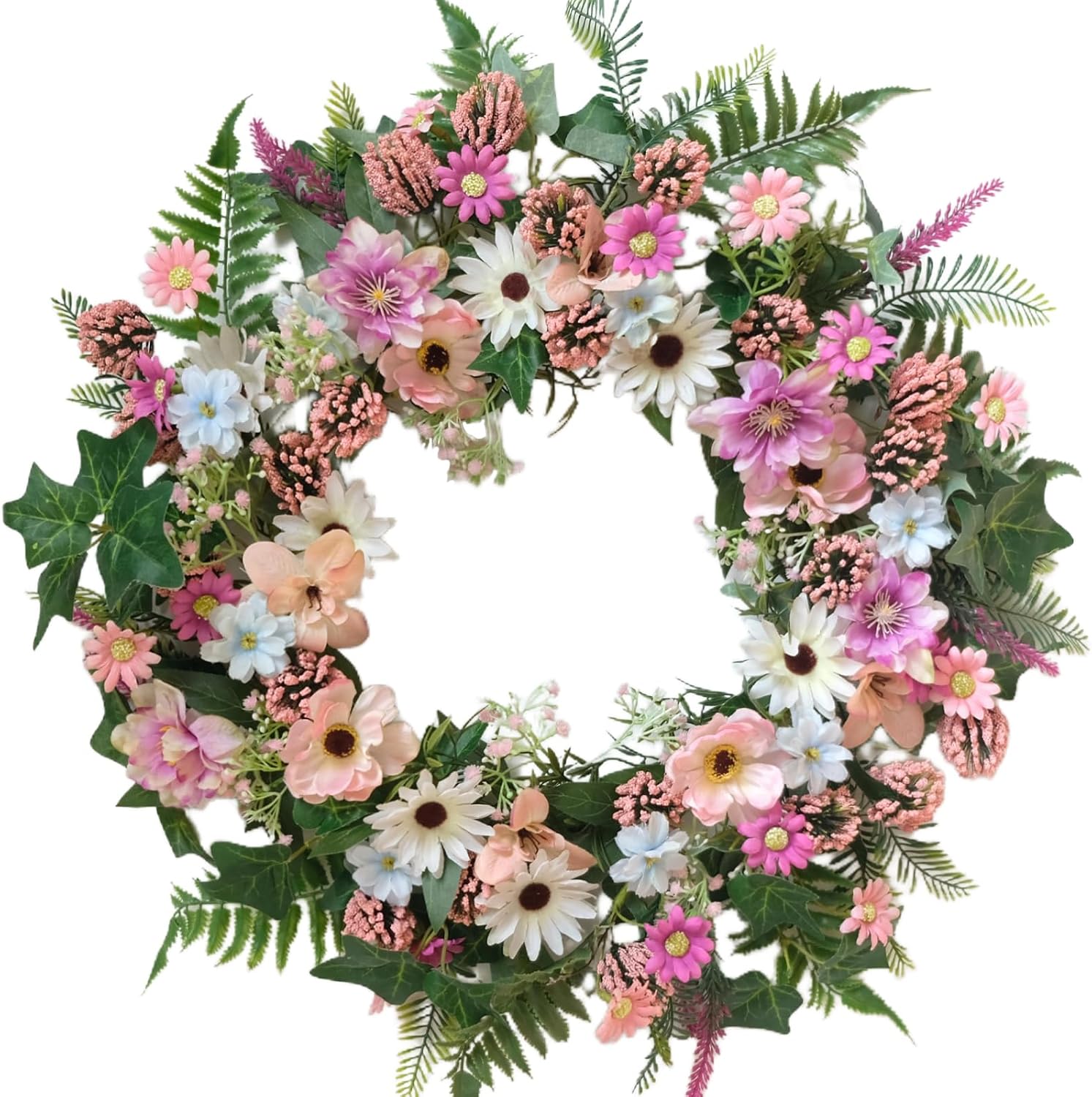 TEMPUS Spring Daisy Wreath for Front Door 22 Inchs Spring Summer Wreath with Pink Wild Flowers Green Fern Leaves for Indoor Outdoor Wall Porch Window Decor and Wedding Farmhouse Festival Décor