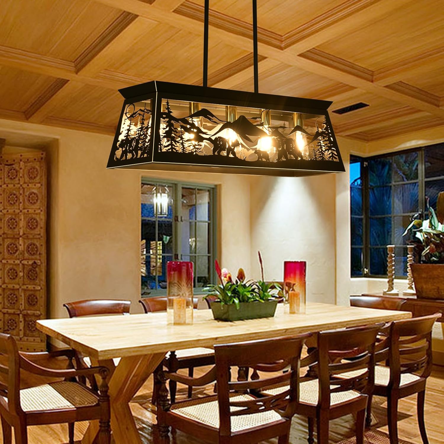 Rustic Dining Room Light Fixture, Bear Kitchen Island Lighting, 32-Inch 5-Light Black Rectangle Farmhouse Chandeliers, Adjustable Height Pendant Light for Kitchen Island, Dining Room Over Table