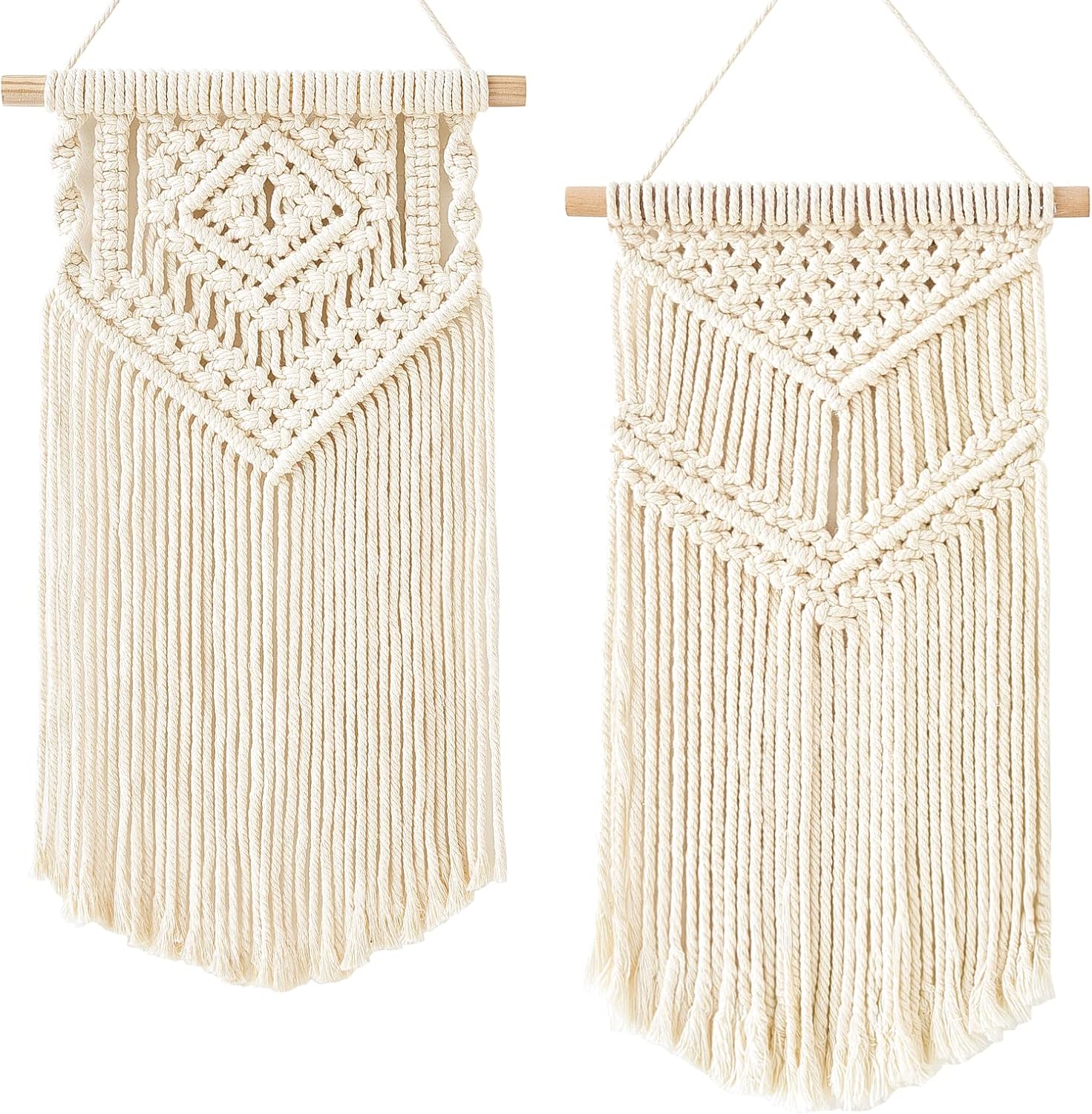 Dahey 2Pcs Small Macrame Wall Hanging, 2 Sizes Boho Tapestry Wall Art Decor | Woven Craft, Unique Tassels, Soft Cotton Cord, Wood Dowel, Ready to Hang, Boho Wall Decor for Bedroom Dorm Classroom Backdrop