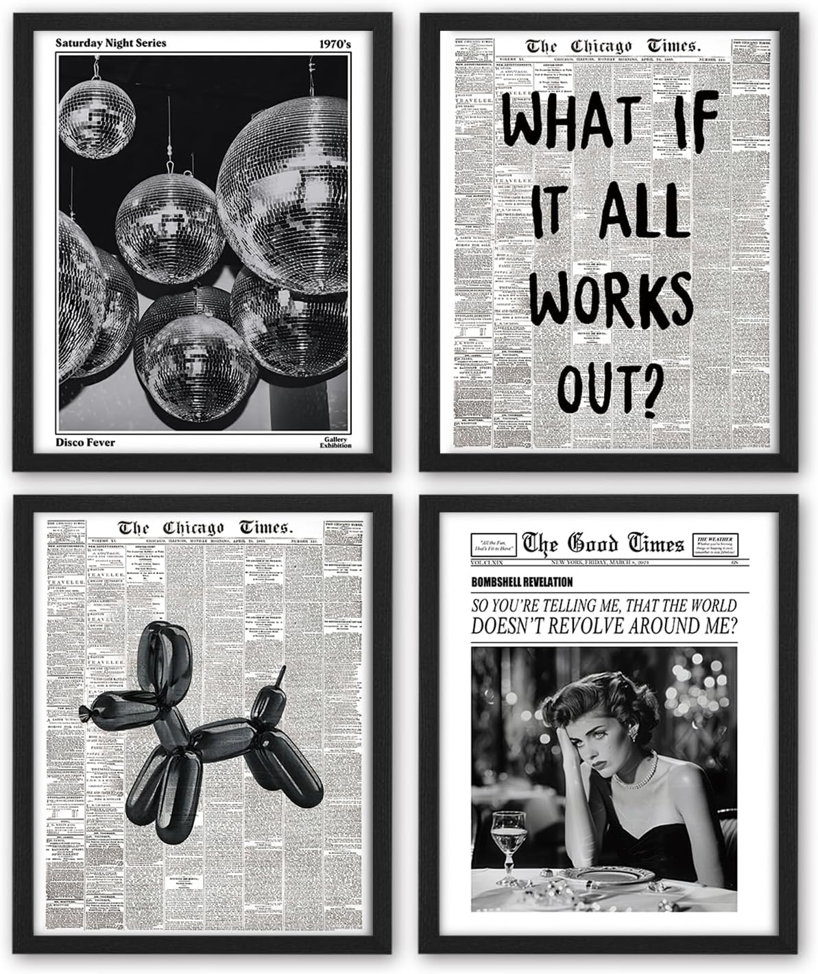NaZaUK Y2K Room Decor, Aesthetic Posters for Room Decor, Black and White Newspaper Wall Art Prints Set of 4, Disco Ball Bedroom Decor, Trendy Dorm Wall Decor for Teen Girls, 8×10 Unframed