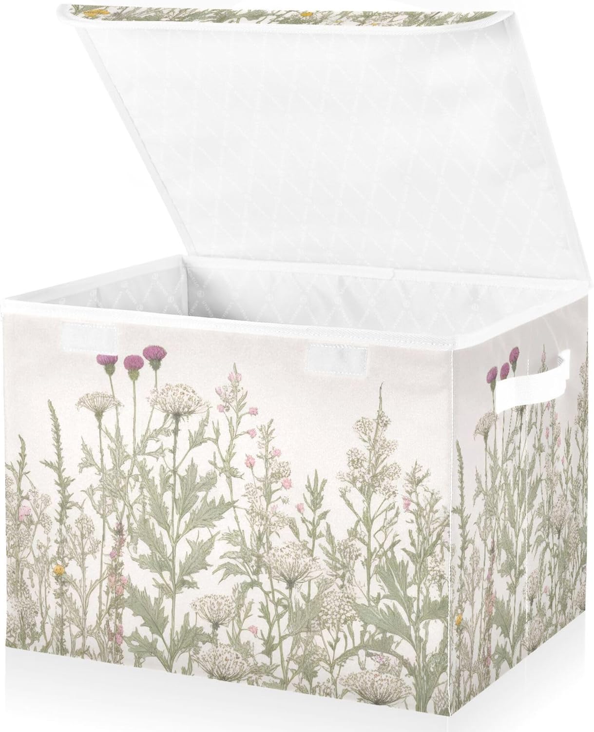 Vintage Colorful Herbs and Wild Flowers Floral Storage Bins with Lids and Carrying Handle,Foldable Storage Boxes Organizer Containers Baskets Cube with Cover for Home Bedroom Closet Office