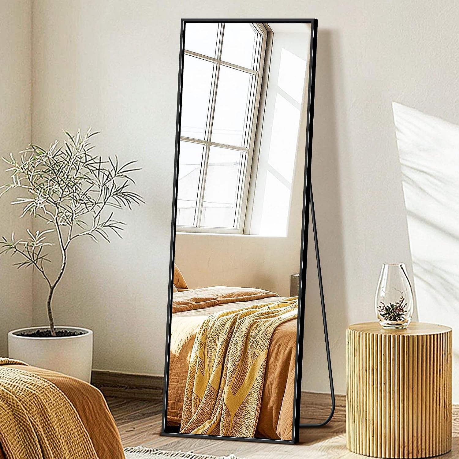 FICTOR Full Length Mirror with Stand, Floor Standing Mirror, 56″x15″, Black | HD Shatterproof Glass, Free-Standing or Wall-Mounted, Full Body Mirror for Bedroom, Living Room, Dressing Room, Entryway