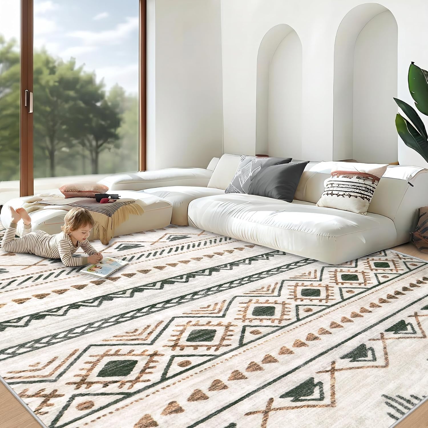 Area Rug Living Room Rugs 8×10 – Large Soft Boho Geometric Rug, Non-Slip Foldable Washable Rugs Non Shedding Morden Indoor Floor Carpet for Living Room Bedroom Office Dining Room(Brown Green,8’x10′)
