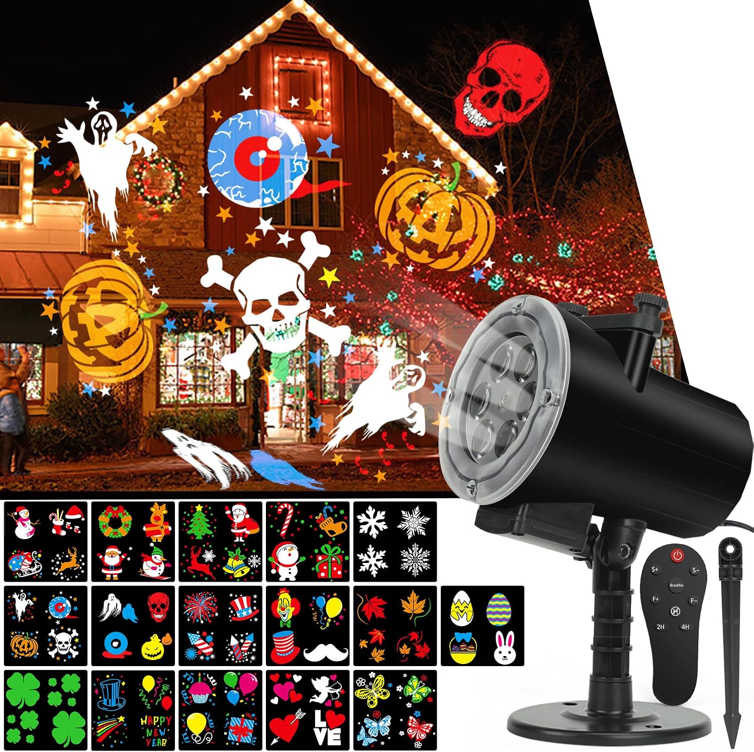 Christmas Halloween Lights Projector Outdoor,Holiday Projector Light,Waterproof Indoor Remote Control LED Projector Lights,16 Slides Holiday Light Party Garden House Apartment Kids Room Night Light