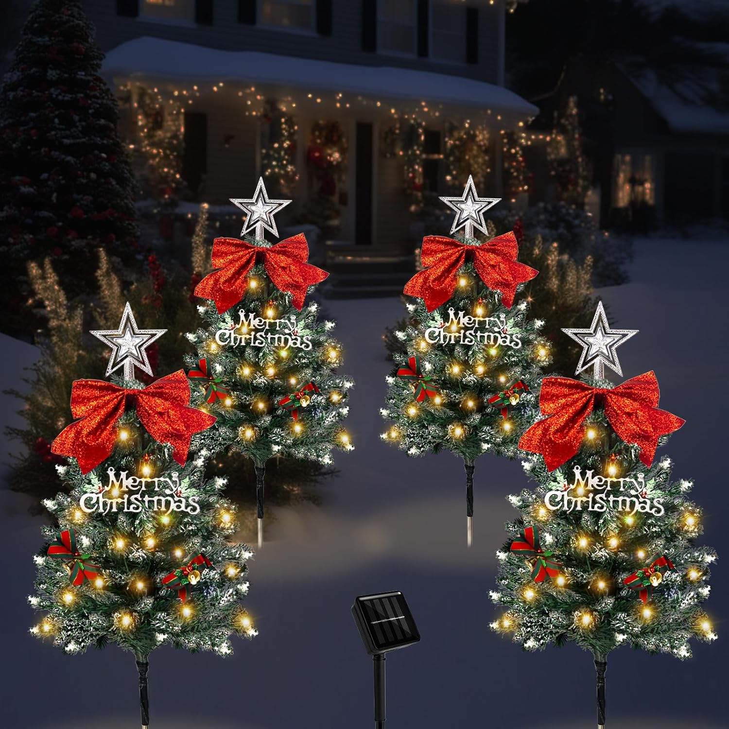 Christmas Tree Solar Pathway Lights Outdoor Decor, 4 Pack, Snowy | 8 Lighting Modes, Solar Powered, Waterproof Outdoor Decorations, DIY Ornaments, Mini Xmas Tree Stake, for Yard, Garden, Porch