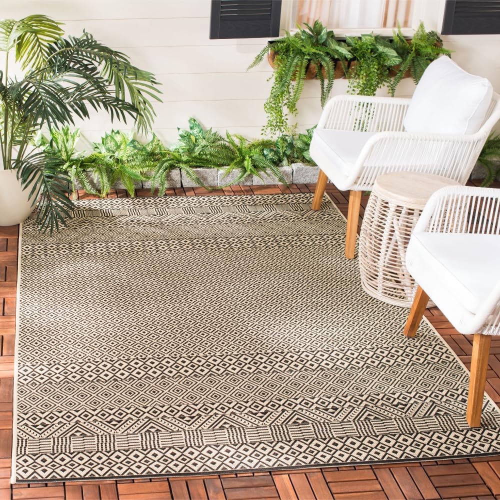 SAFAVIEH Washable Rug Outdoor Courtyard Collection – 5’3″ x 7’7″, Beige & Black, Non-Shedding & Easy Cleaning, Ideal for Patio, Backyard, Mudroom (CY6235-25612)