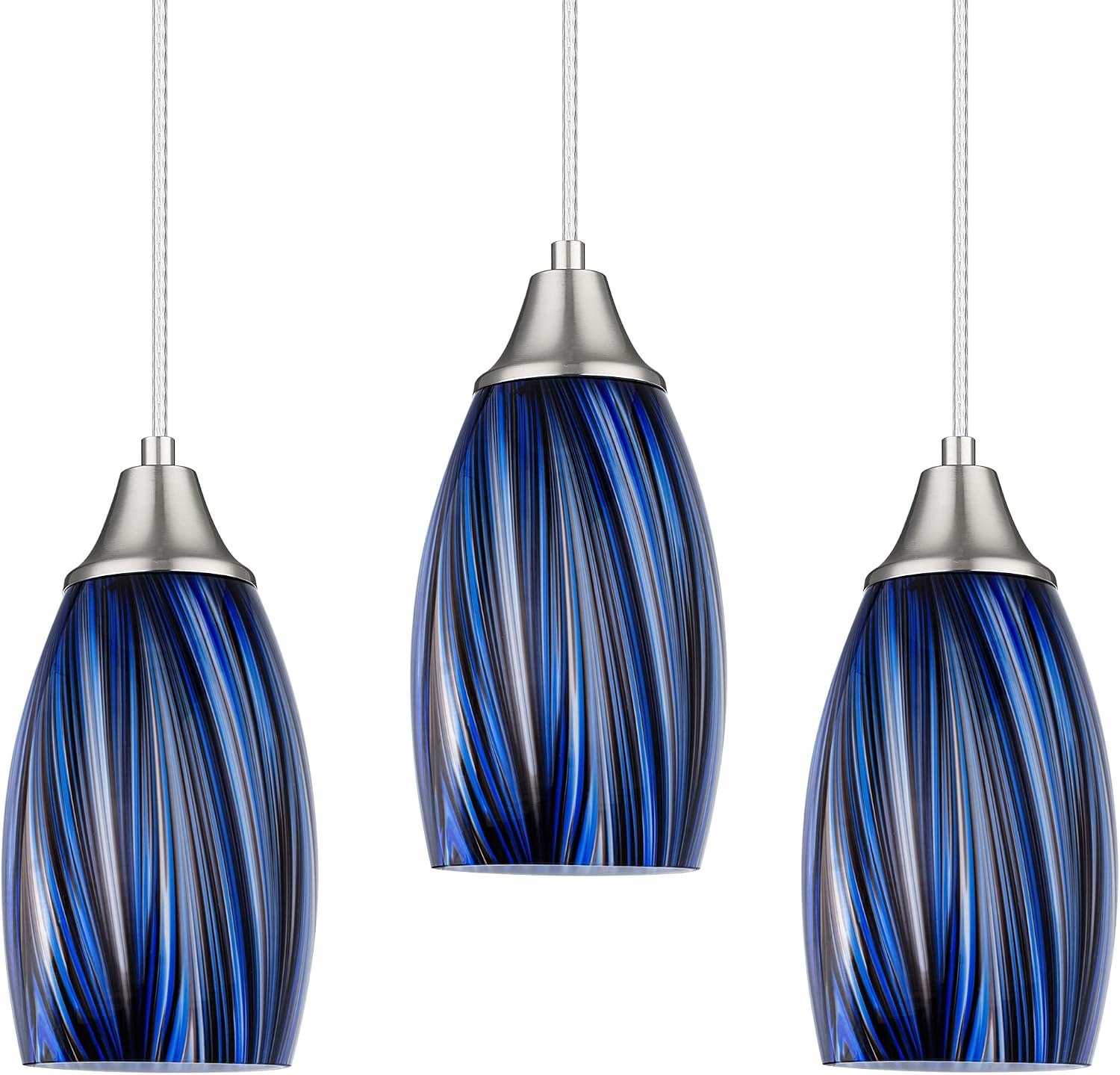 karyfine Dark Blue Glass Mini Pendant Lights for Kitchen Island 3Pack Blown Art Glass Pendant Lighting Shade Hanging Pendant Lights with Brushed Nickel Finish for Kitchen Over Sink,Dining Room
