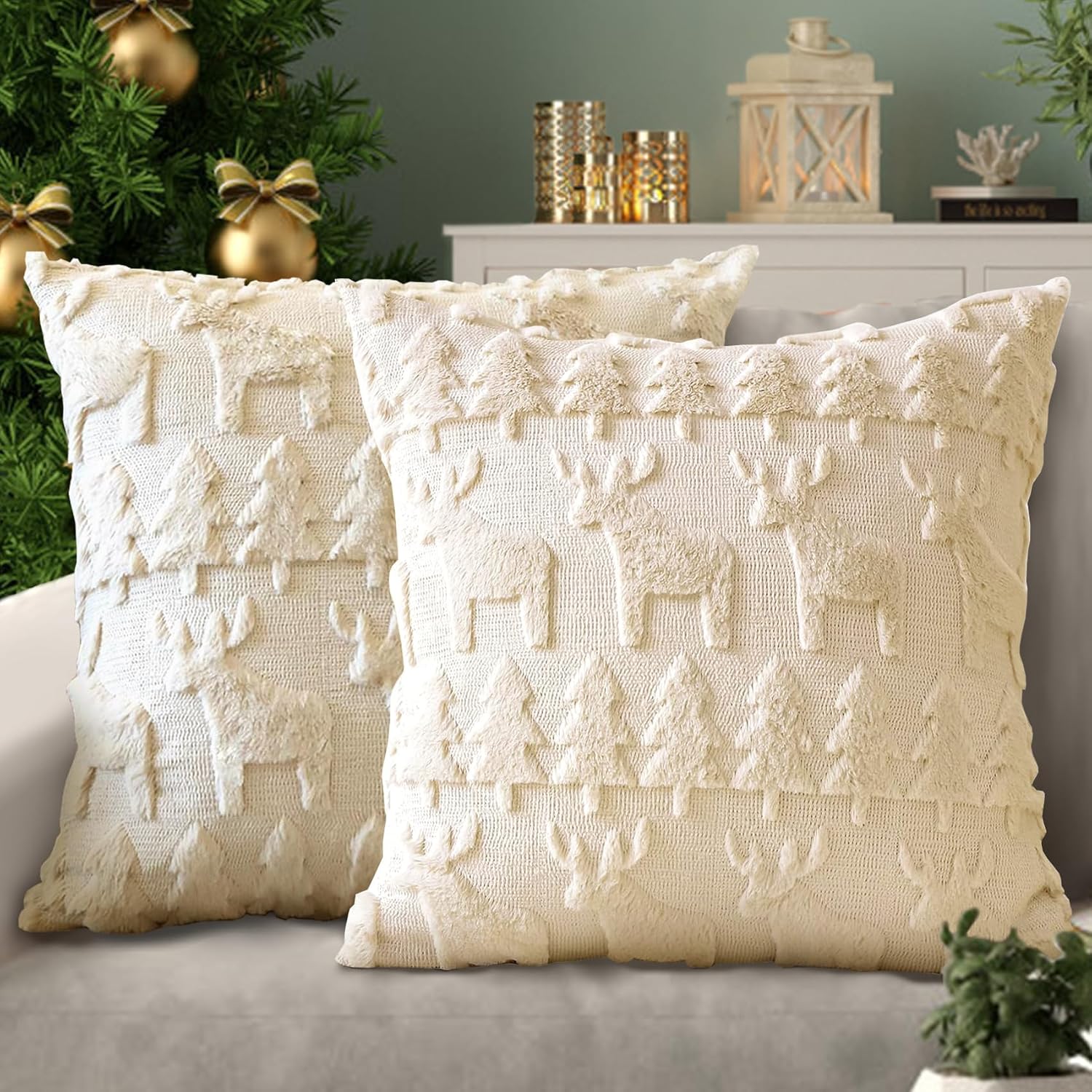 Christmas Pillow Covers, Set of 2 Soft Plush Short Wool Velvet Throw Pillow Covers, Christmas Decorative Square Luxury Cushion Case Pillow Shell for Sofa Bedroom Cream Beige 18×18 Inch