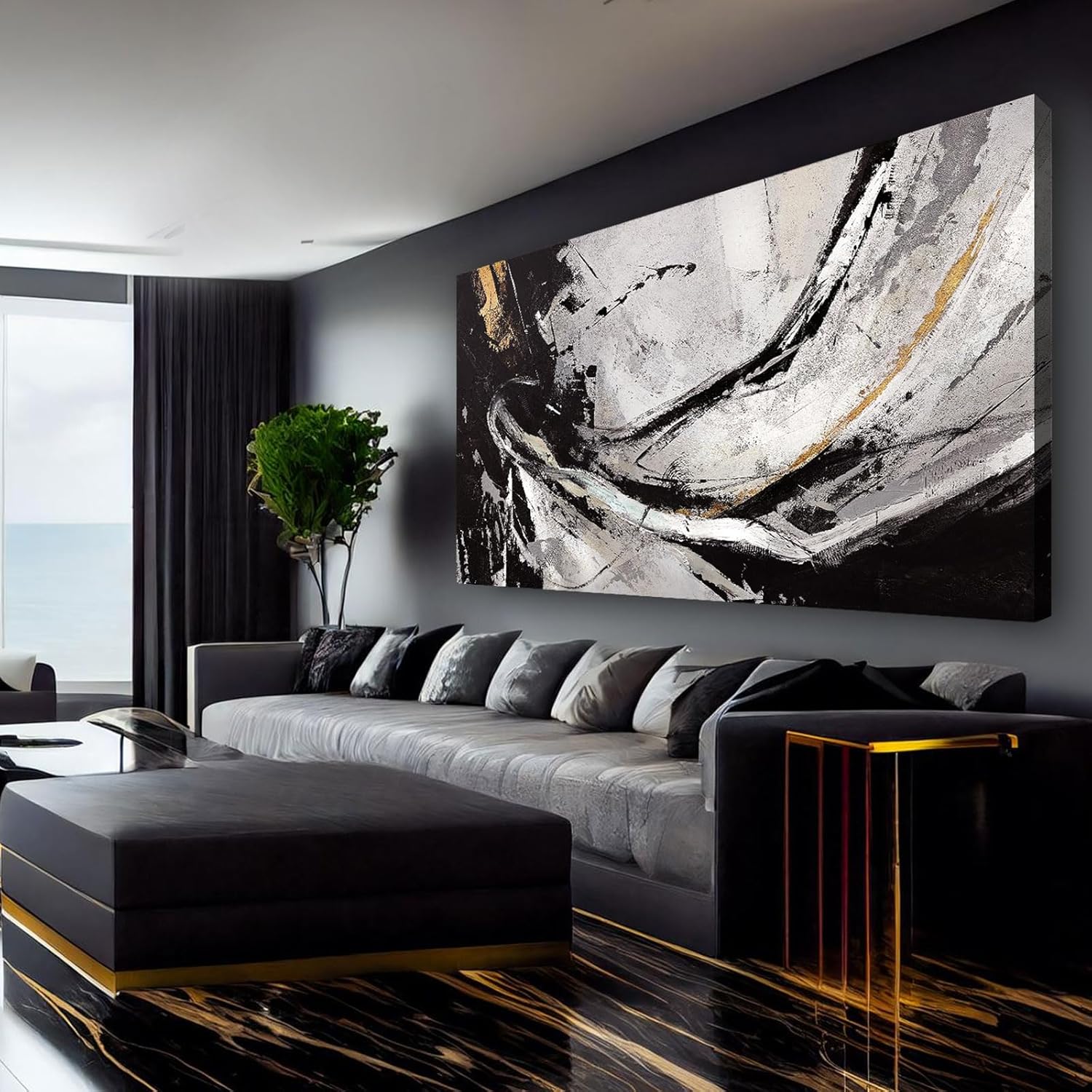XIANSHOU Abstract Canvas Wall Art Gold Decoration Black Art for Living Room Bedroom Kitchen Home Wall Decor 29×58 Inch