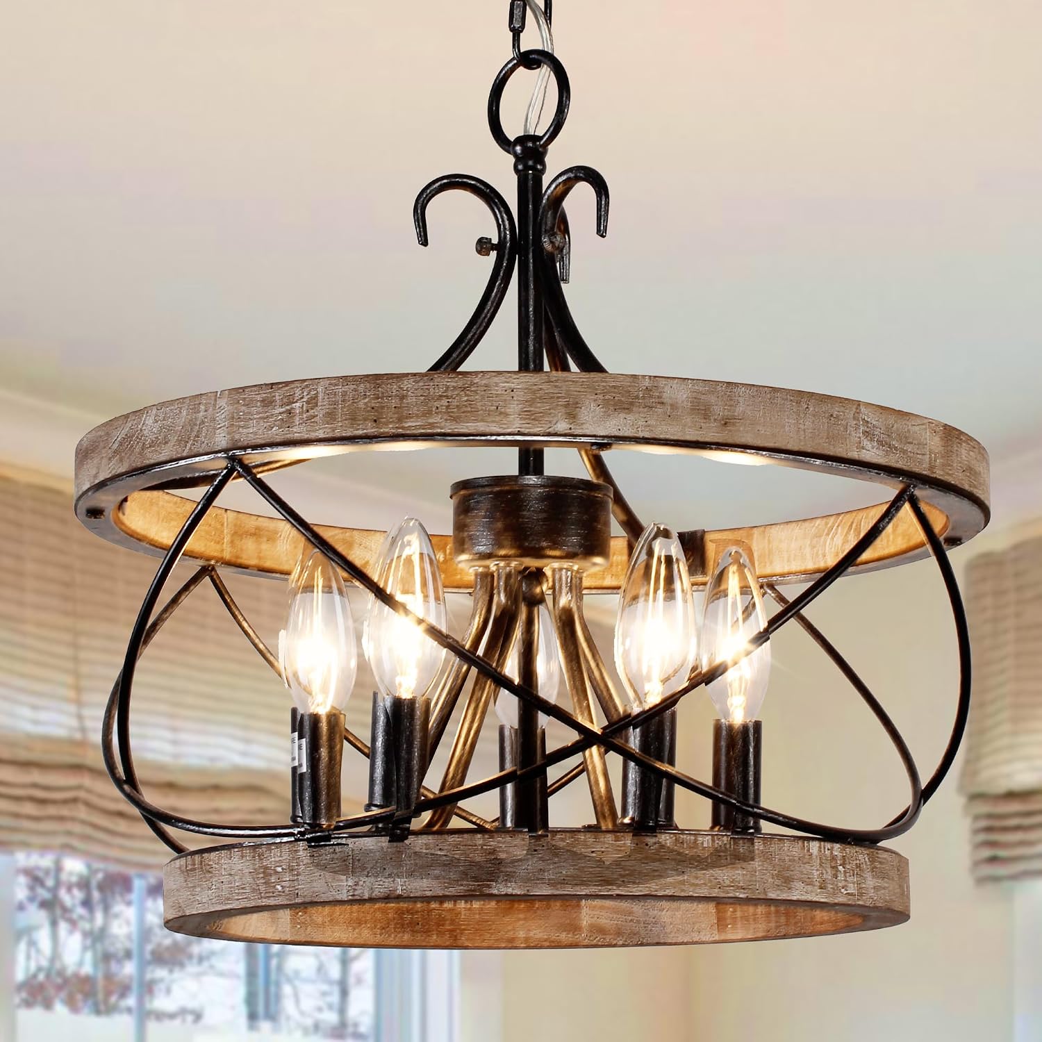 20″ Wood Farmhouse Chandelier for Dining Room | 5-Light Rustic French Country Drum Chandelier Light Fixture Over Table, Adjustable Height, for Dining Room, Bedroom, Kitchen