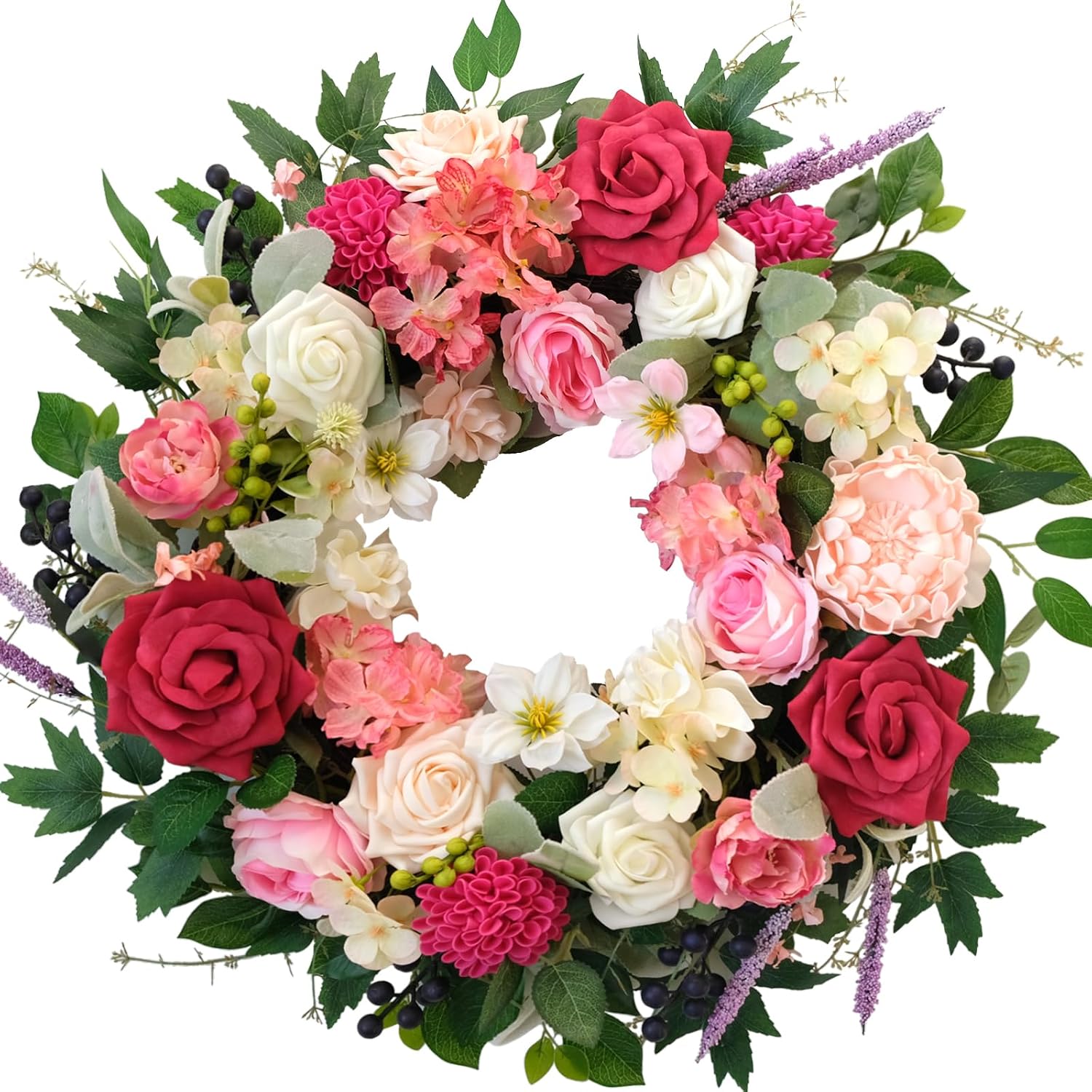 22 Inch Spring/Summer Floral Wreaths for Front Door,Artificial Decoration Wreath with Rose Dahlia Hydrangea for Home Valentine Wedding Mothers Day Decor(RED)