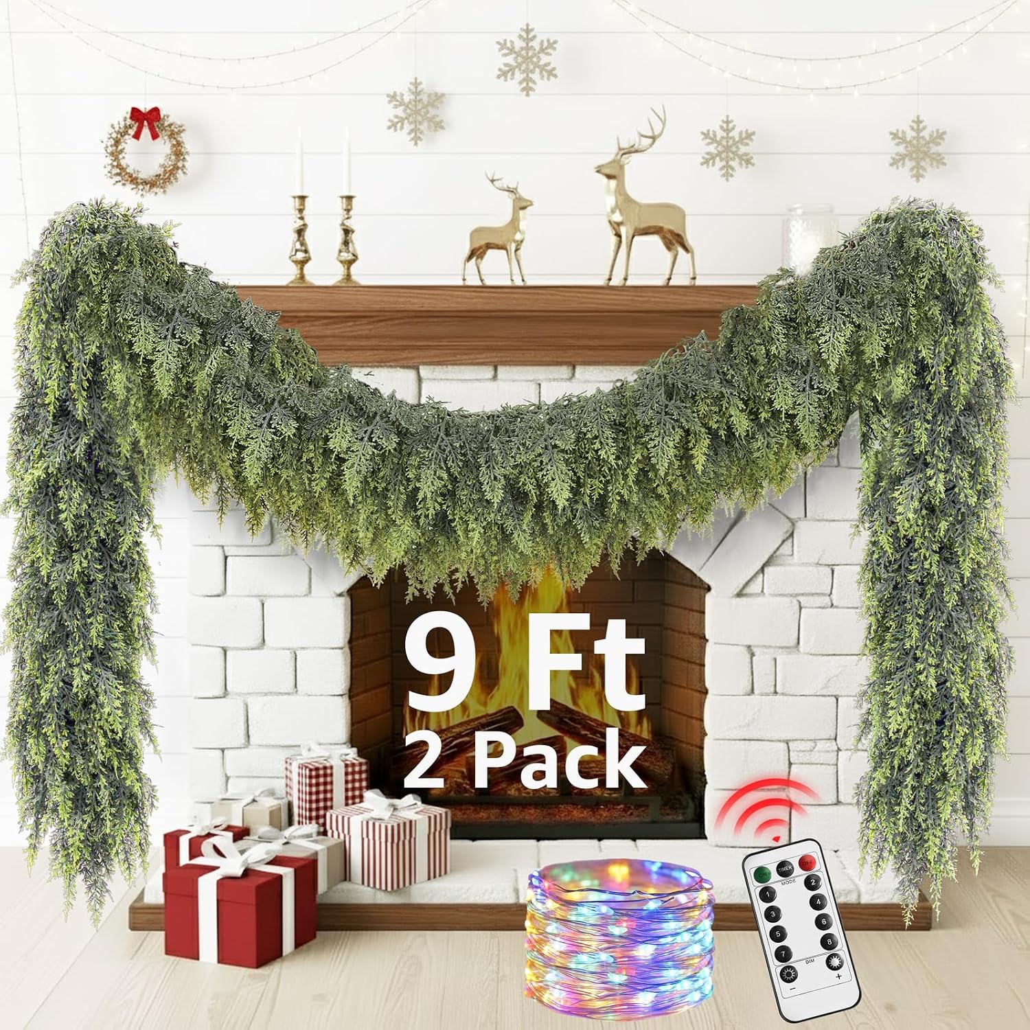 Cedar Christmas Garland with Lights for Mantle – 2 Pack Decorations 9ft Realistic Lighted Faux Pine Garlands for Xmas Home Decoration Indoor Stairs Railing Fireplace Outdoor Prelit Garland Door Decor