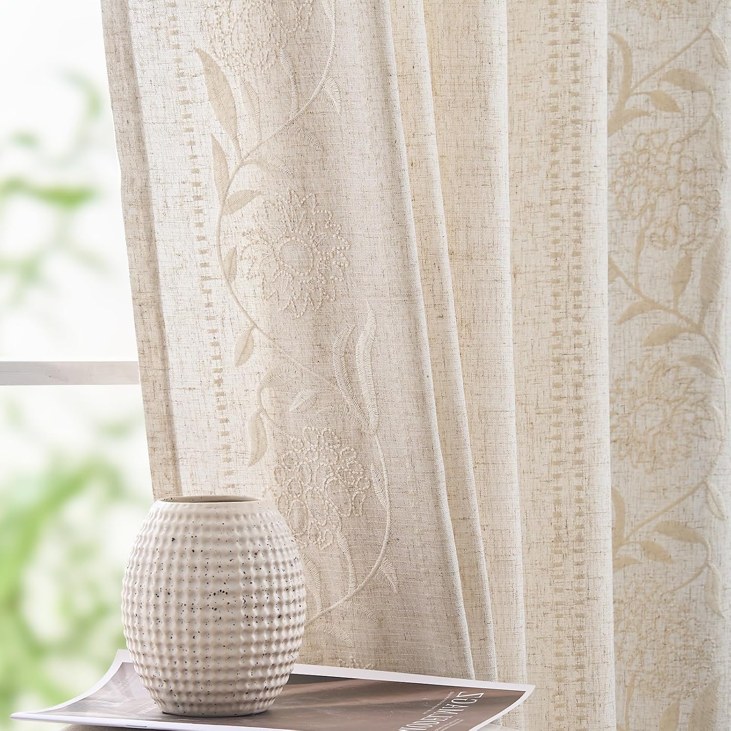 jinchan Ivory Floral Linen Curtains for Living Room 84″ Back Tab 2 Panels | Light filtering curtains with vintage floral design for farmhouse bedroom laundry room, rod pocket, machine washable